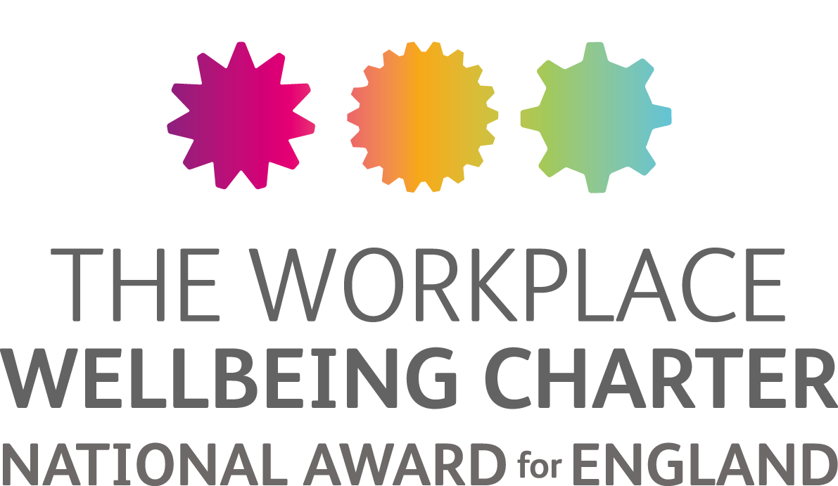 Workplace Wellbeing Charter logo with colorful cogs and text.