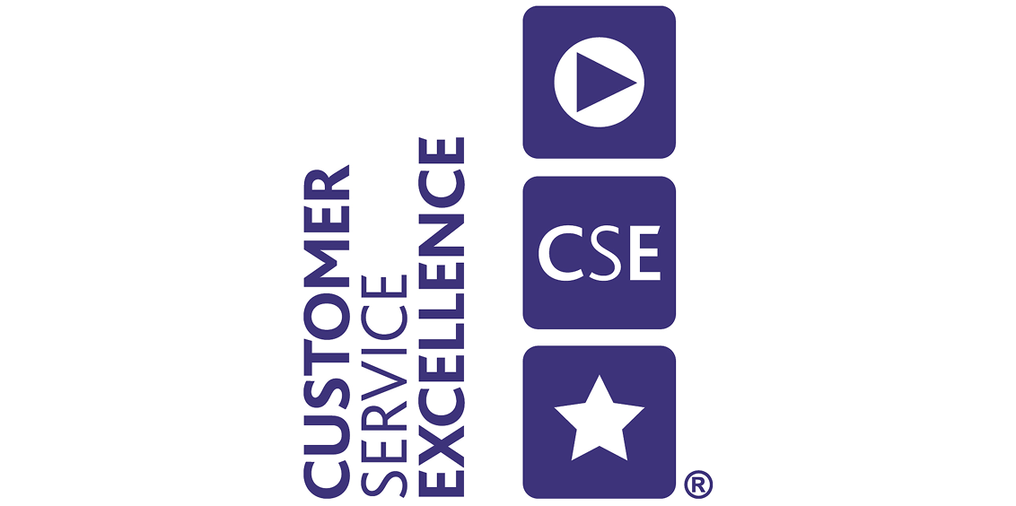Customer Service Excellence logo with play button, CSE, and star icon.