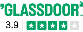 Glassdoor logo with star ratings and a 3.9 score.