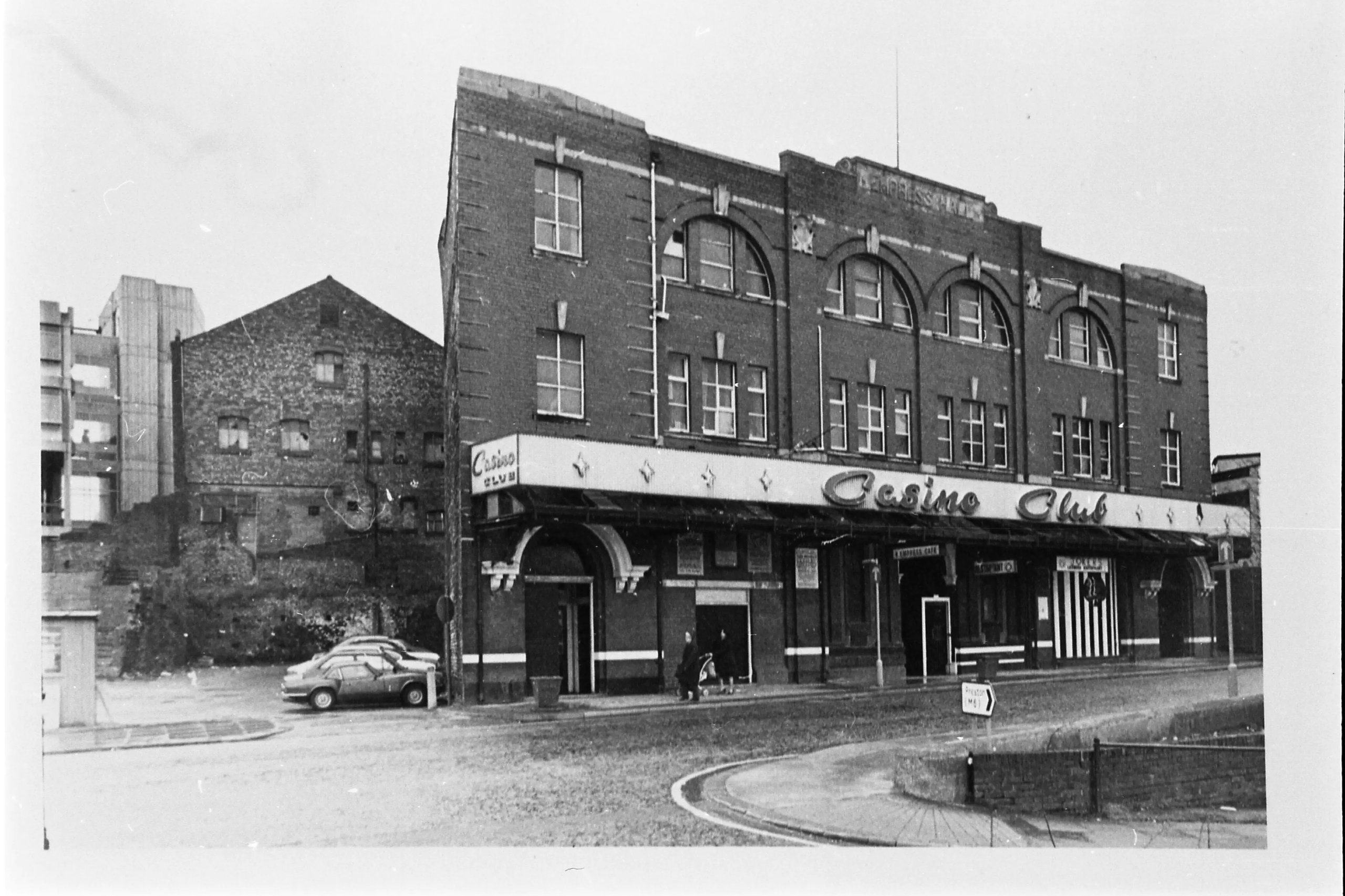 Black and white photo of Wigan Casino Club building.
