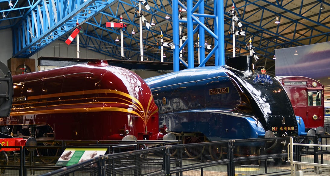 Steam trains in the museum, including the Mallard.