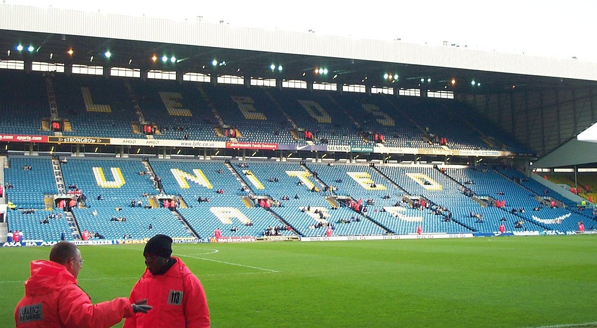 Leeds United's stadium, East Stand with "LEEDS UNITED" in seats.