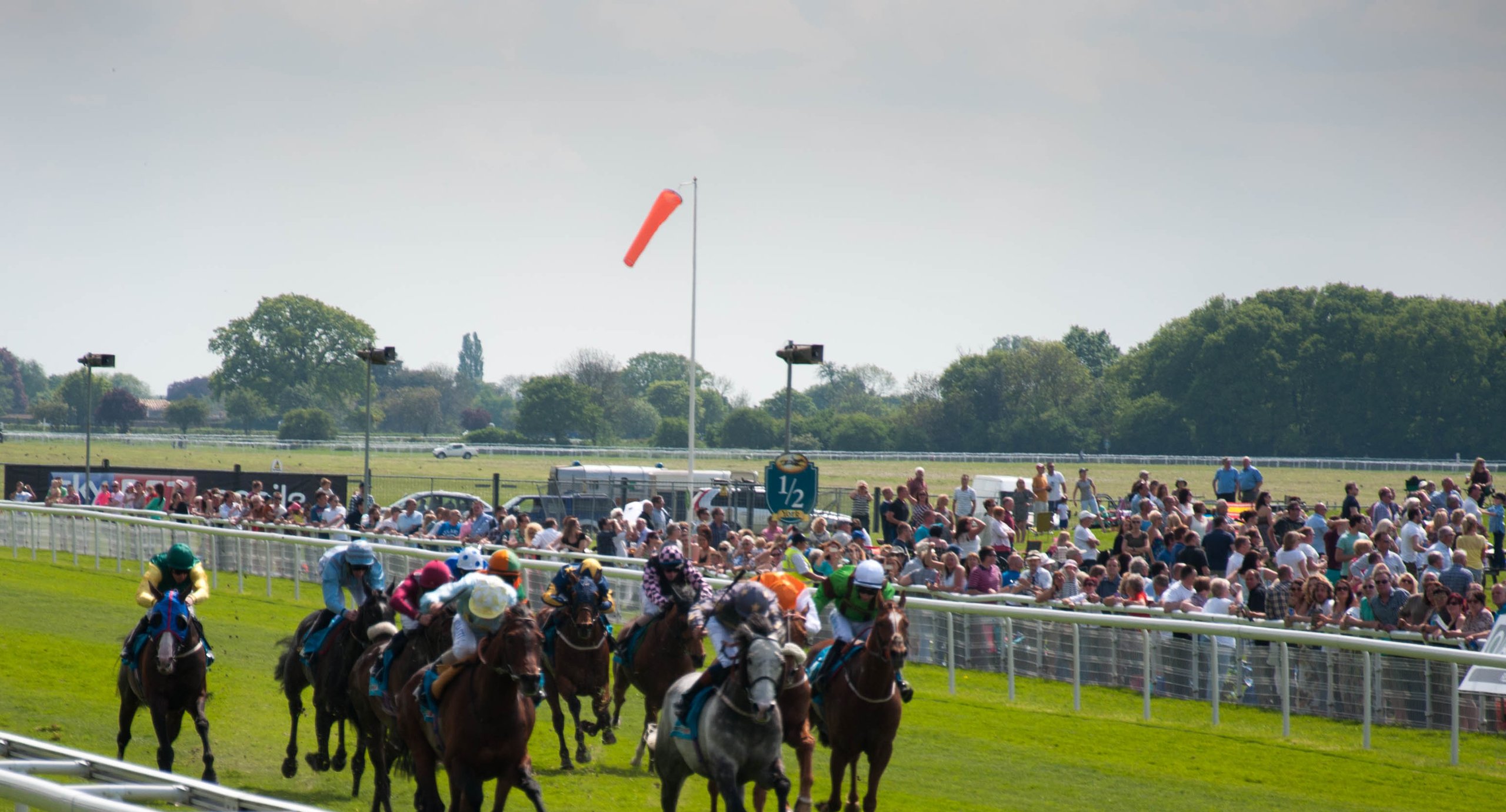 Horses racing on a green track with spectators.