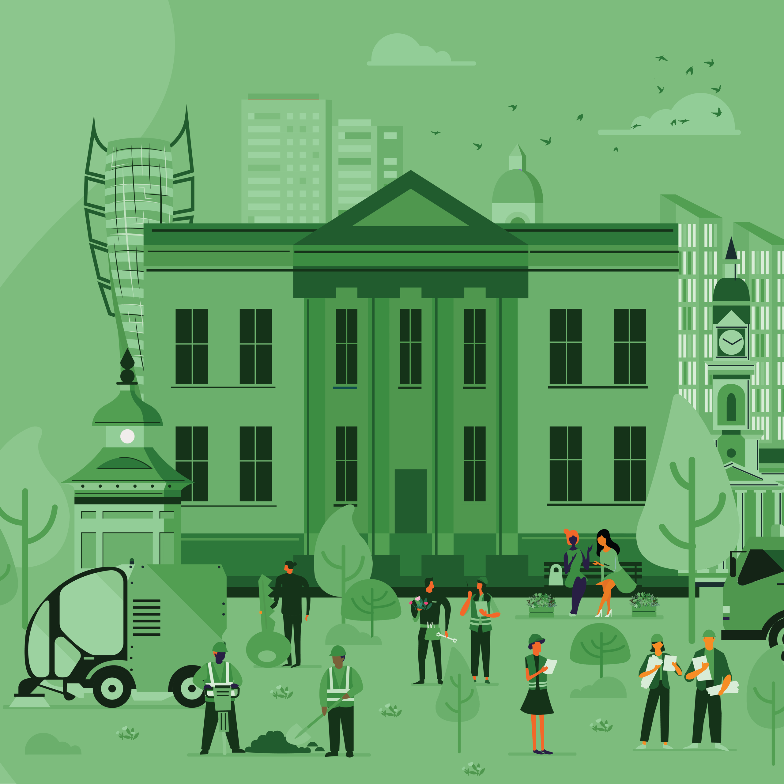 Green illustration of a city with buildings and people.