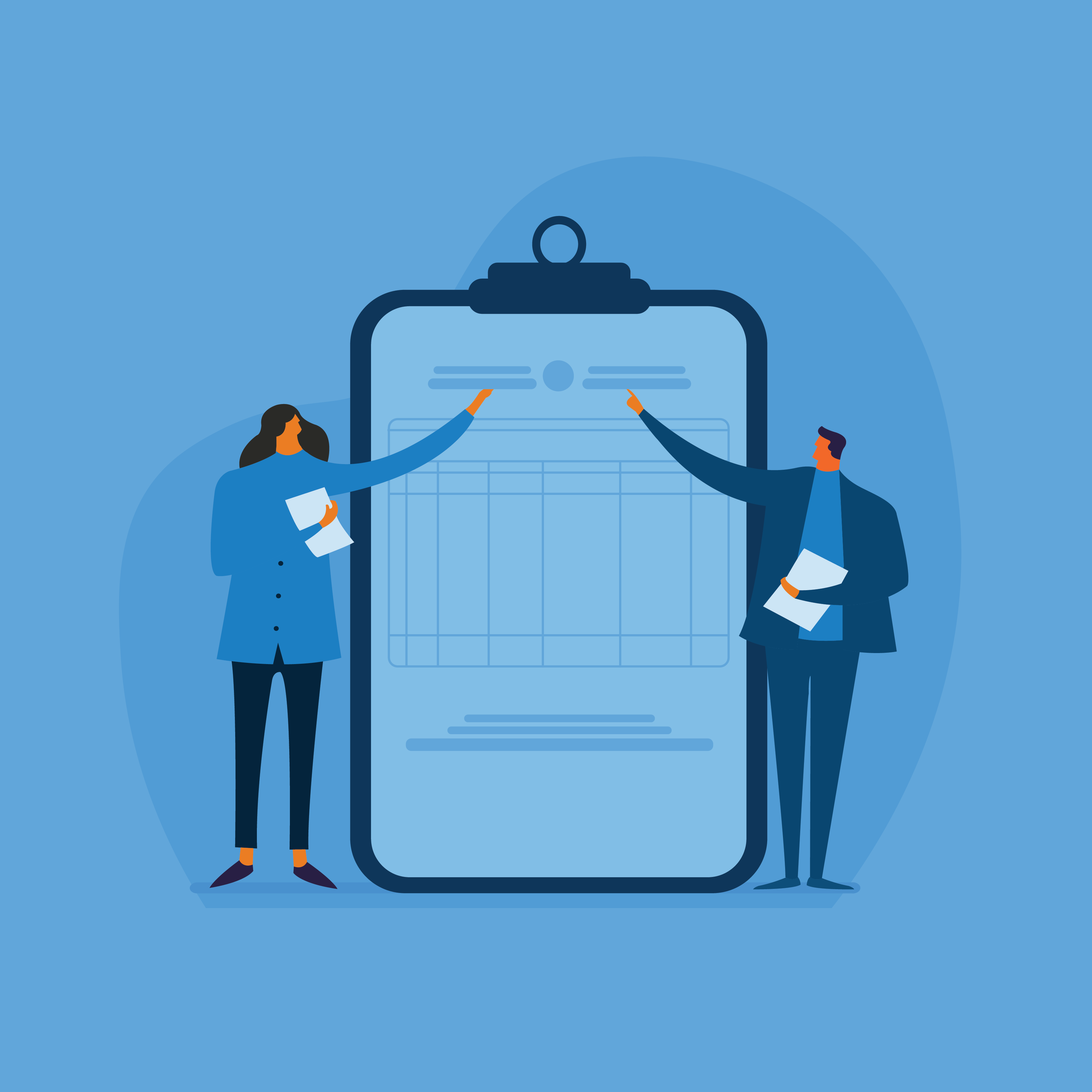 Two people pointing at a chart on a large clipboard.