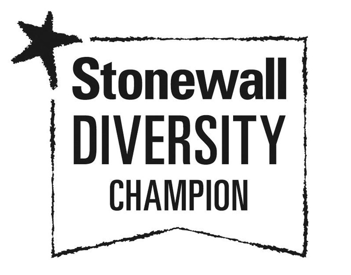 Logo for Stonewall Diversity Champion. White background with black text and star.
