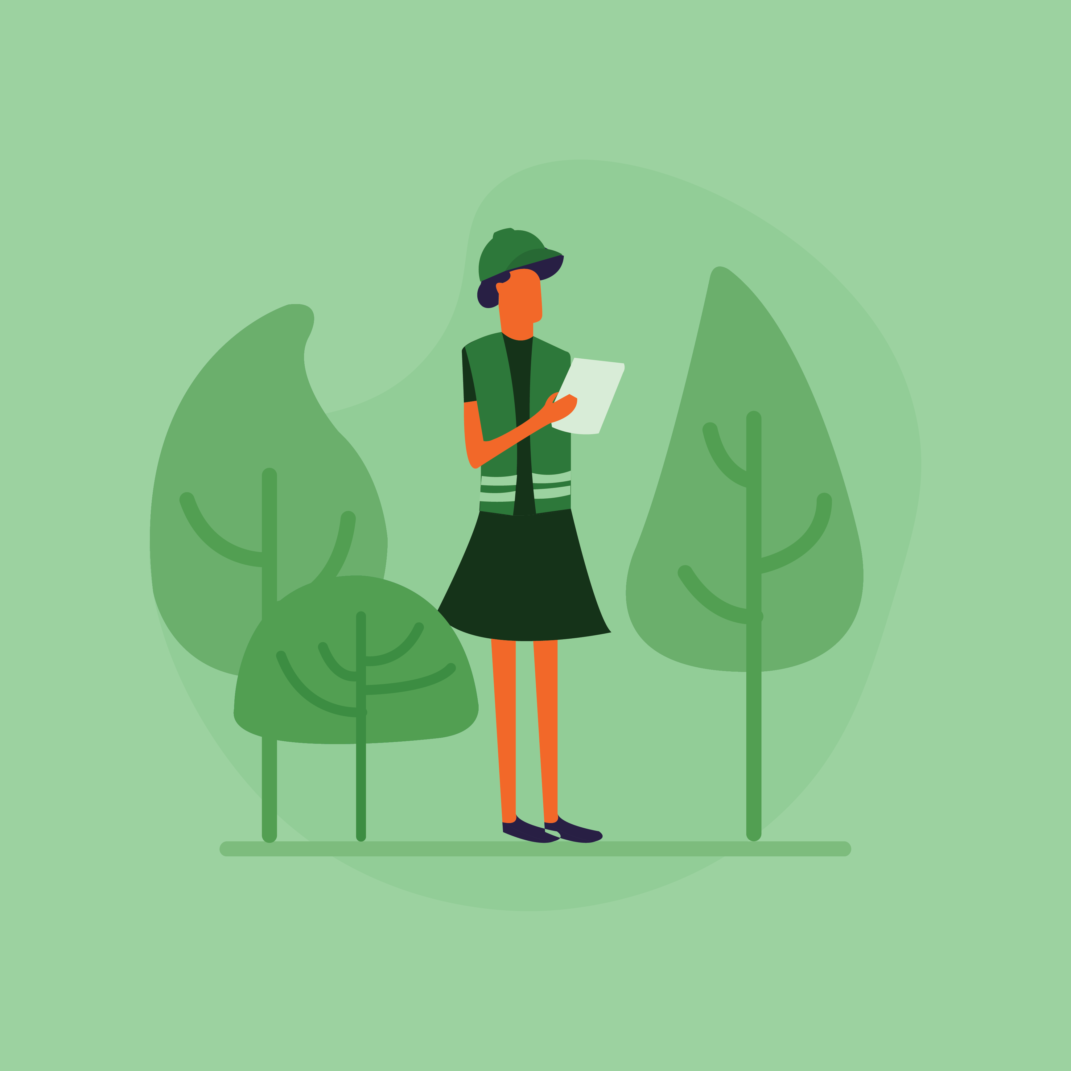 A person wearing a green vest, hat, and skirt stands in a green field and holds a paper, with trees.