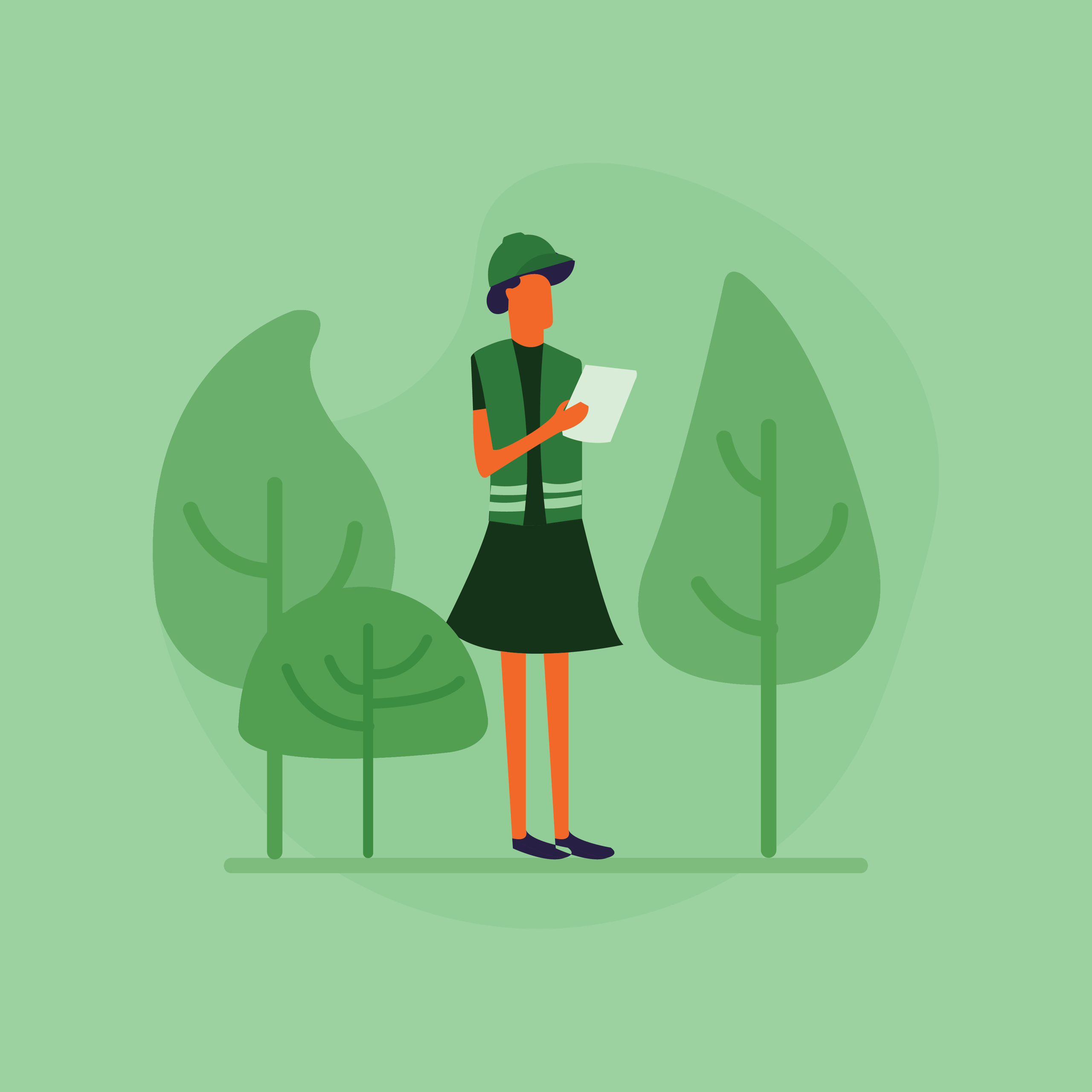 A person wearing a green vest, hat, and skirt stands in a green field and holds a paper, with trees.