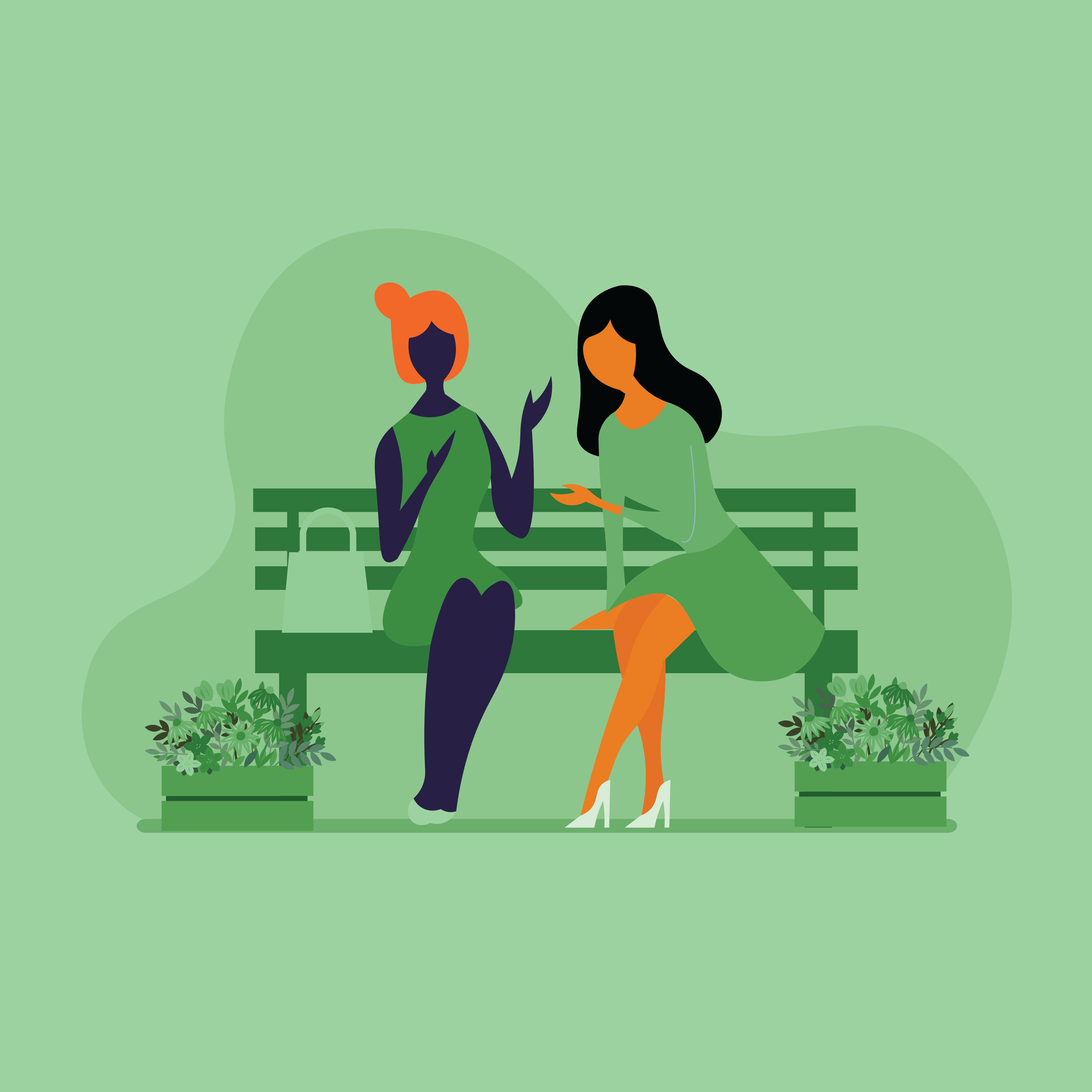 Two women sitting on a park bench having a conversation.