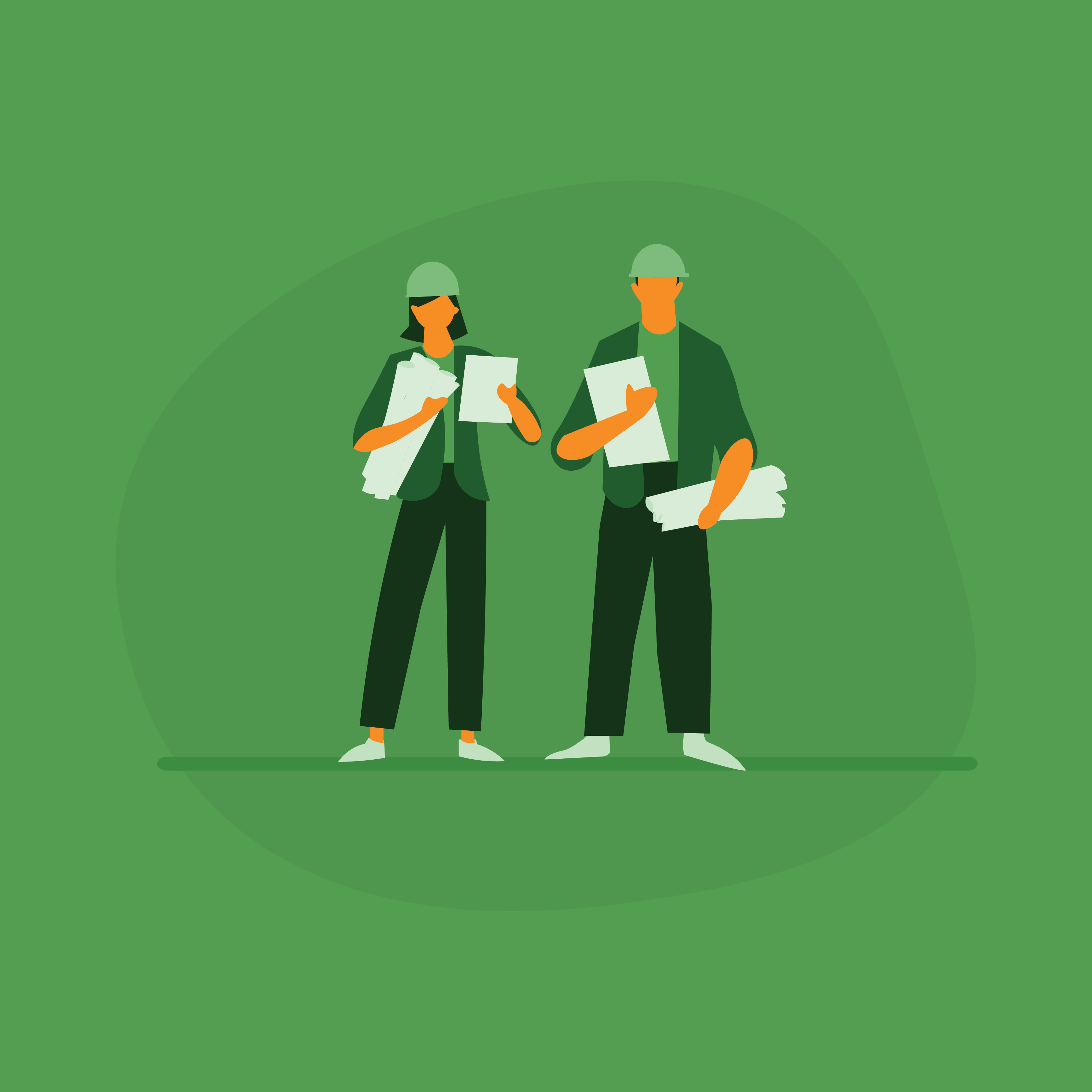 Two people holding documents, wearing hard hats.