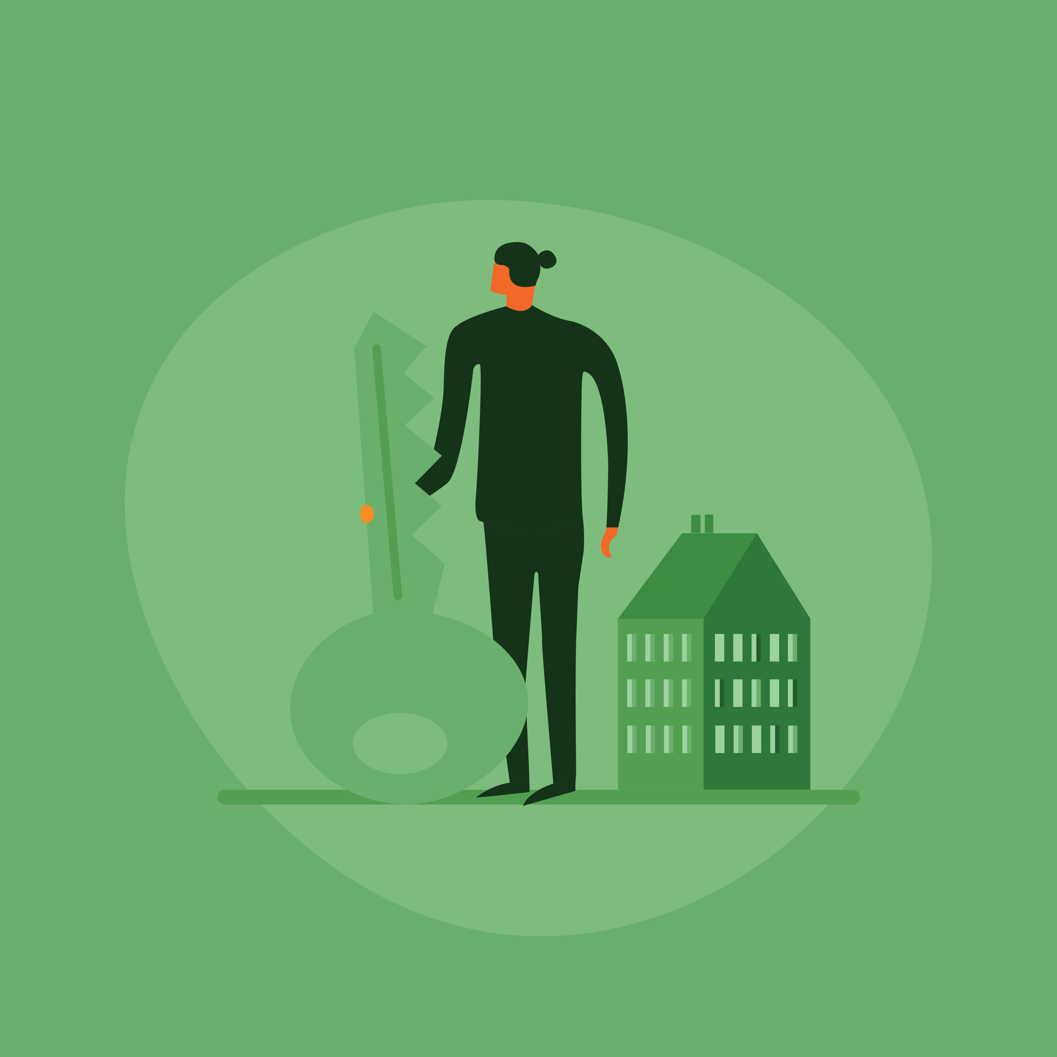 A person holding a key with a house in the background.