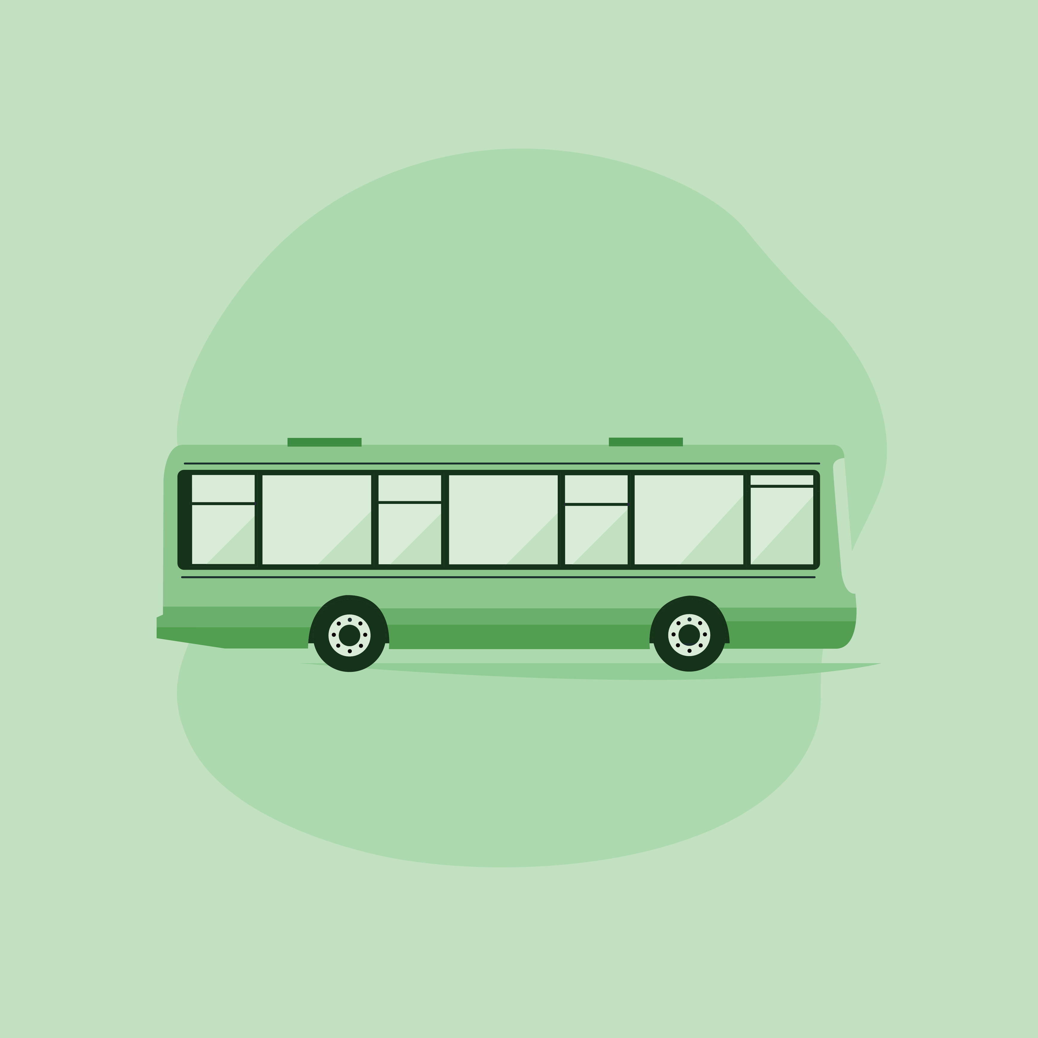 Green bus with windows and wheels on a green background.