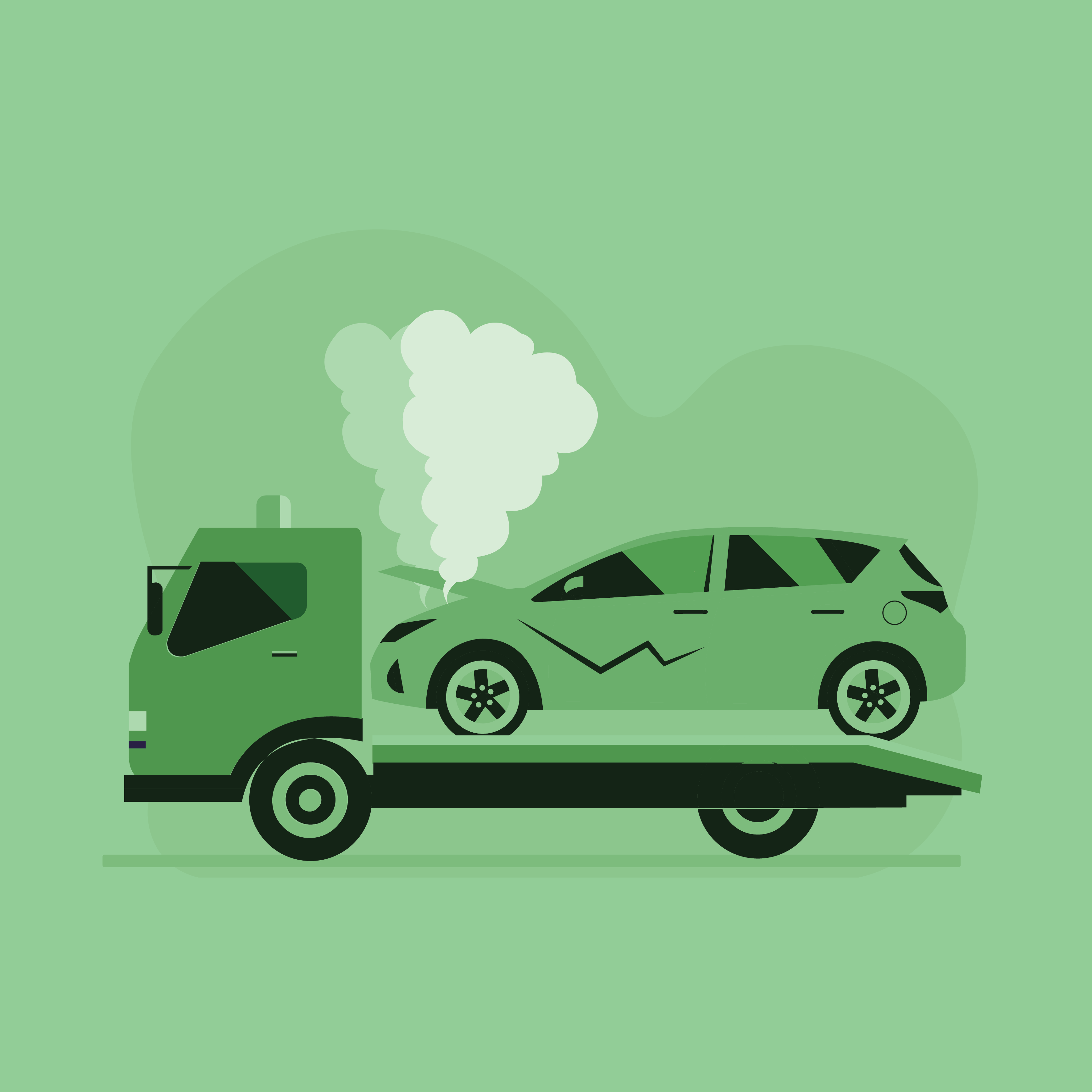 Car with smoke being towed. Tow truck.