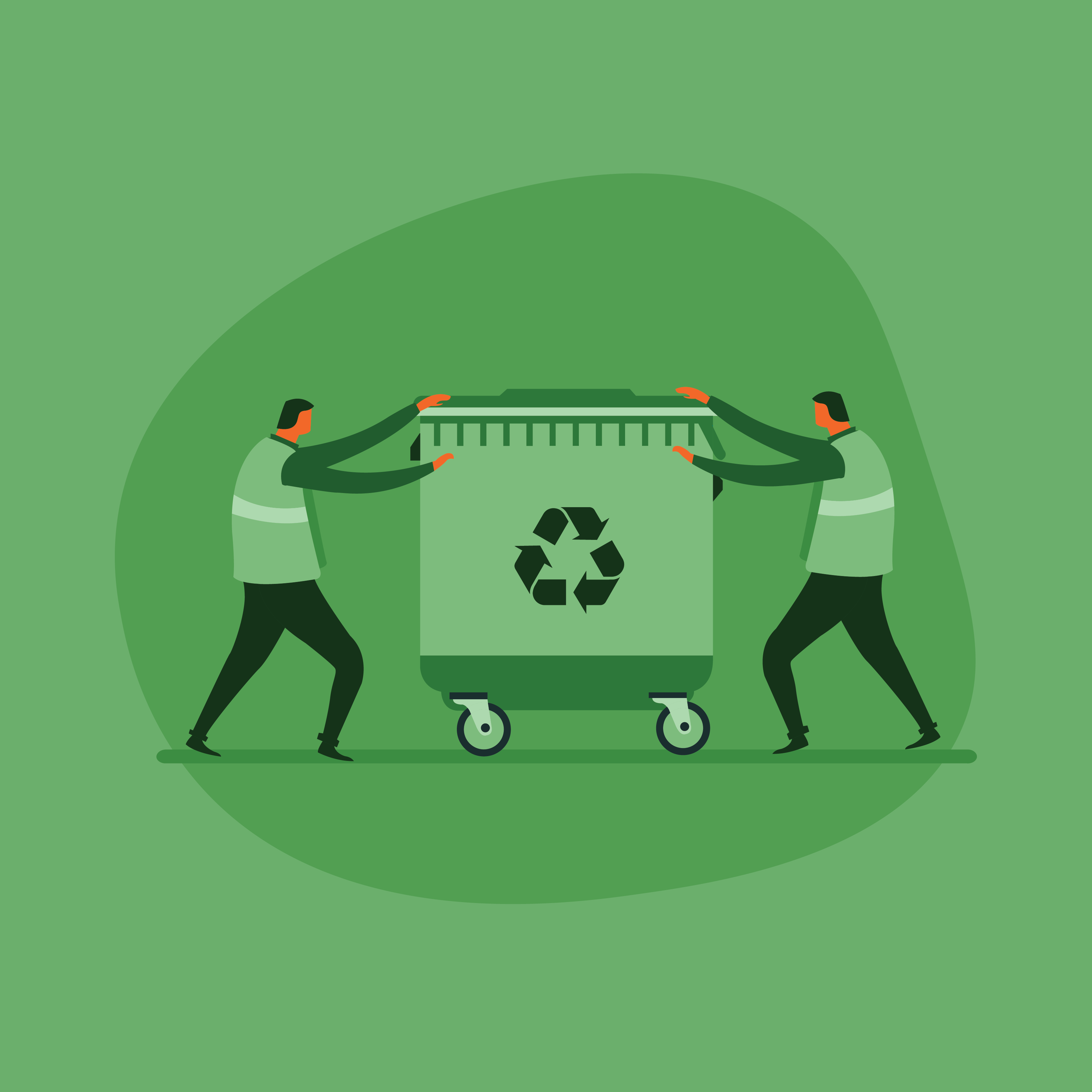 People pushing a recycle bin.