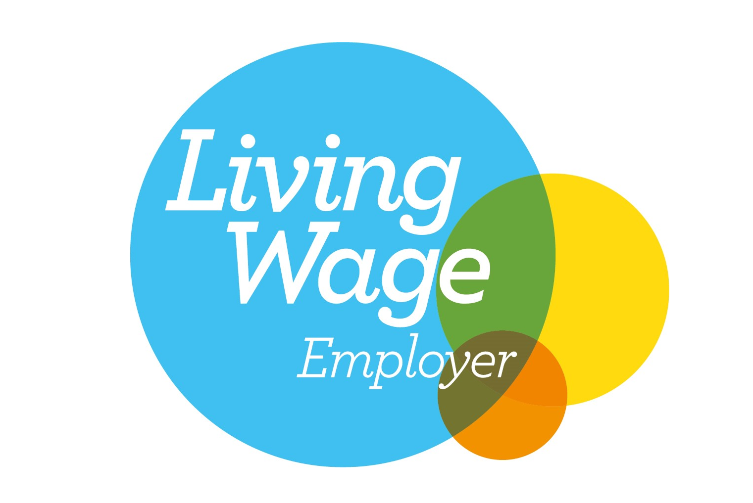 Logo with overlapping colored circles. Text reads "Living Wage Employer."