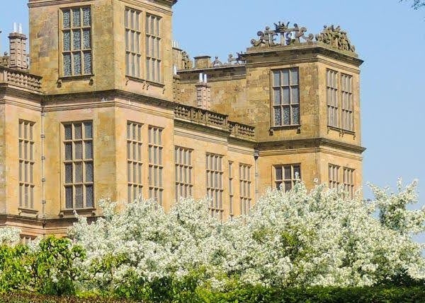 Large stone building with flowering trees.