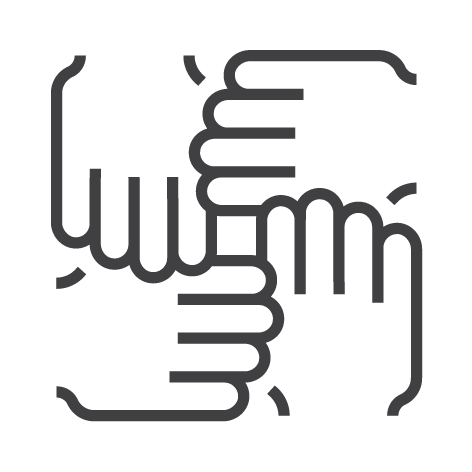 Four hands intertwined in a circle.