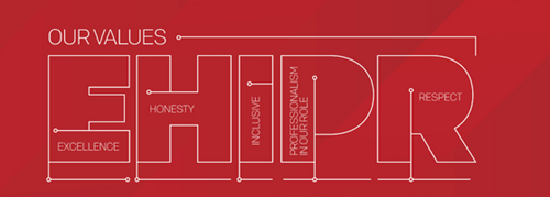 EHPR values: Excellence, Honesty, Inclusive, Professionalism, Respect.