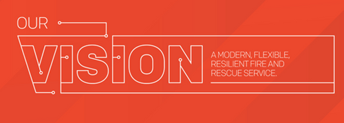 Text "Our Vision" on orange background.  Modern fire service description.