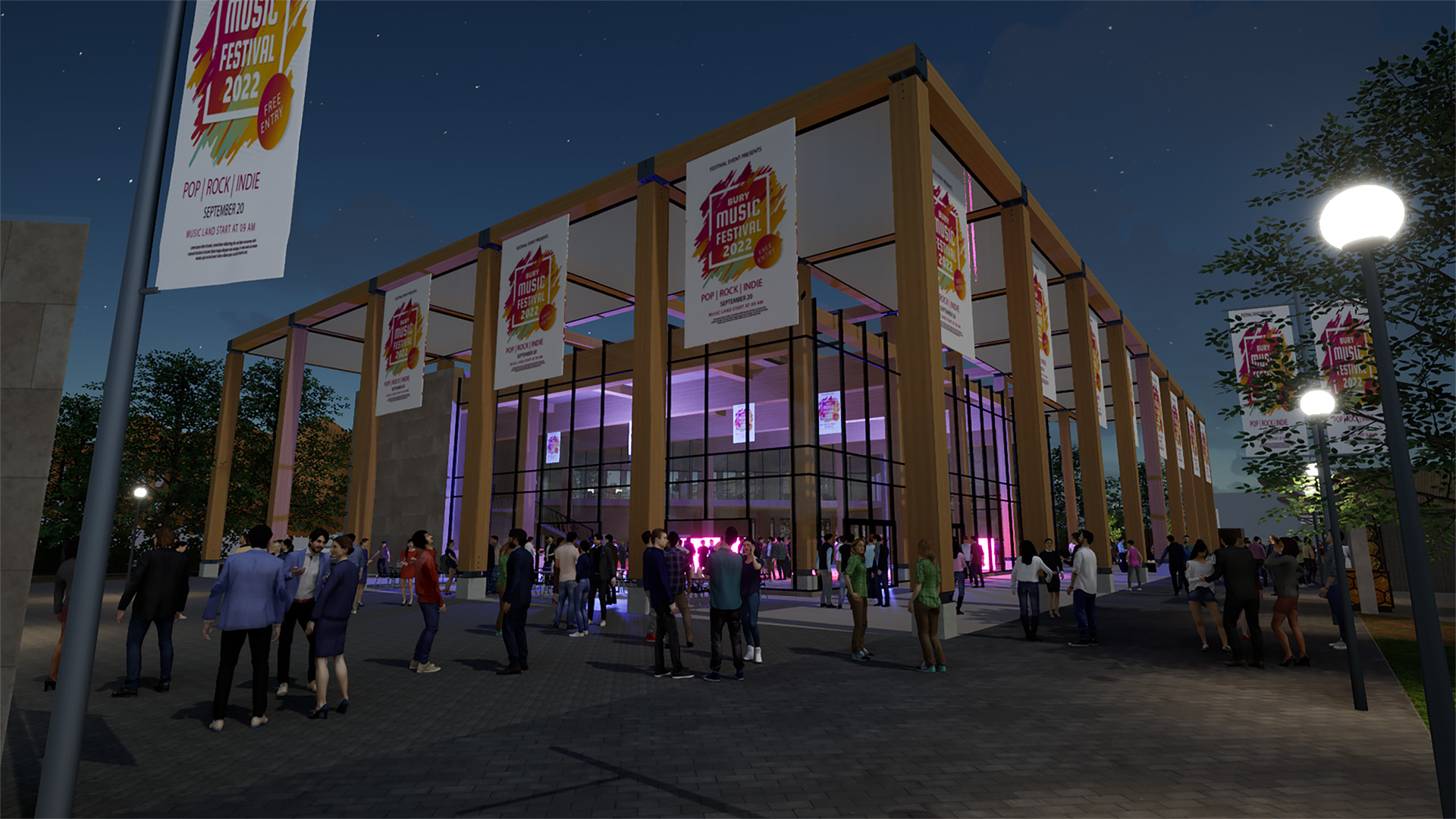 Crowd gathered outside a venue for the Bury Music Festival 2022.