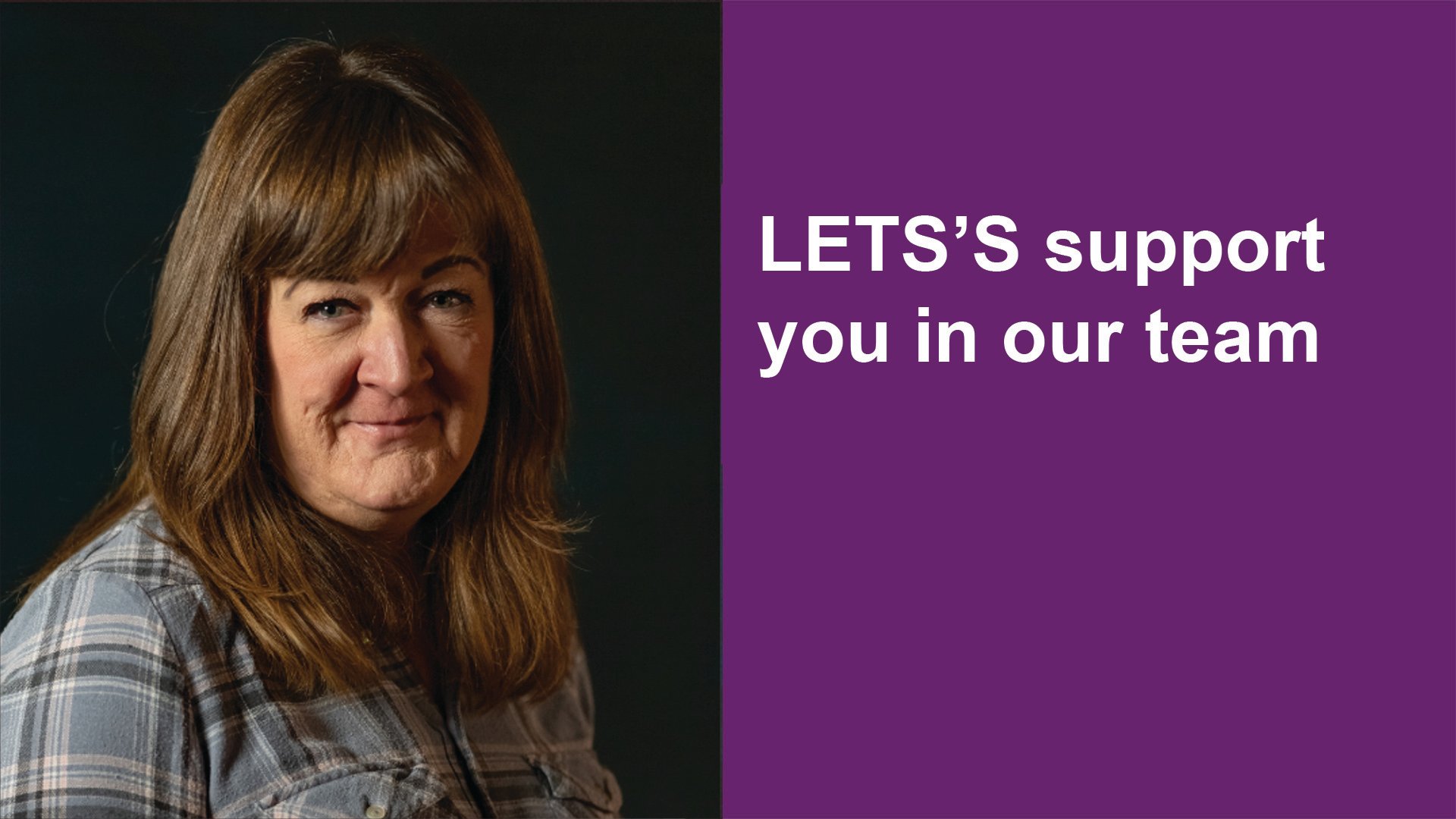 Woman smiling, plaid shirt, purple background, text.