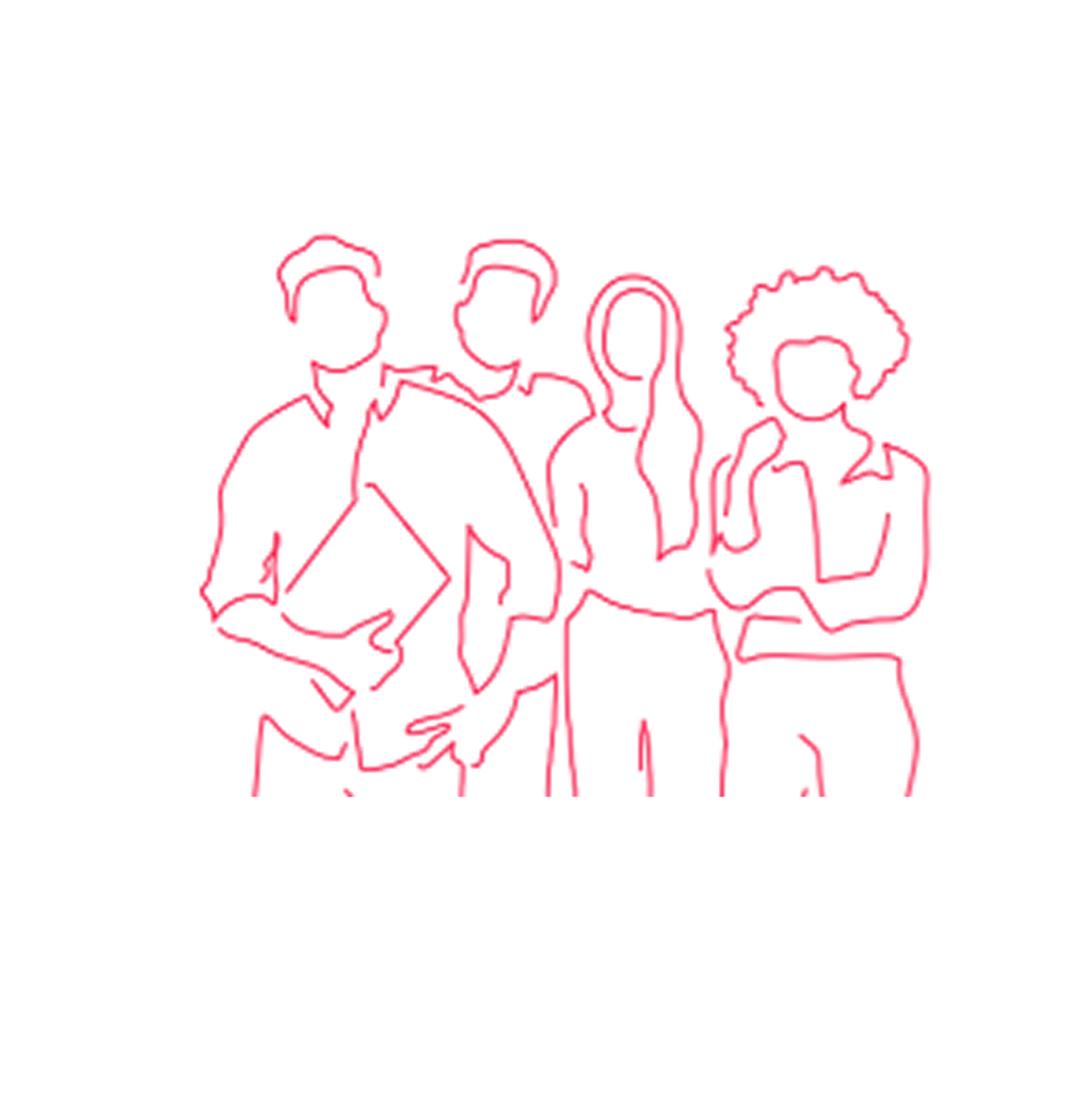 Outlined figures of a team, red on a white background.