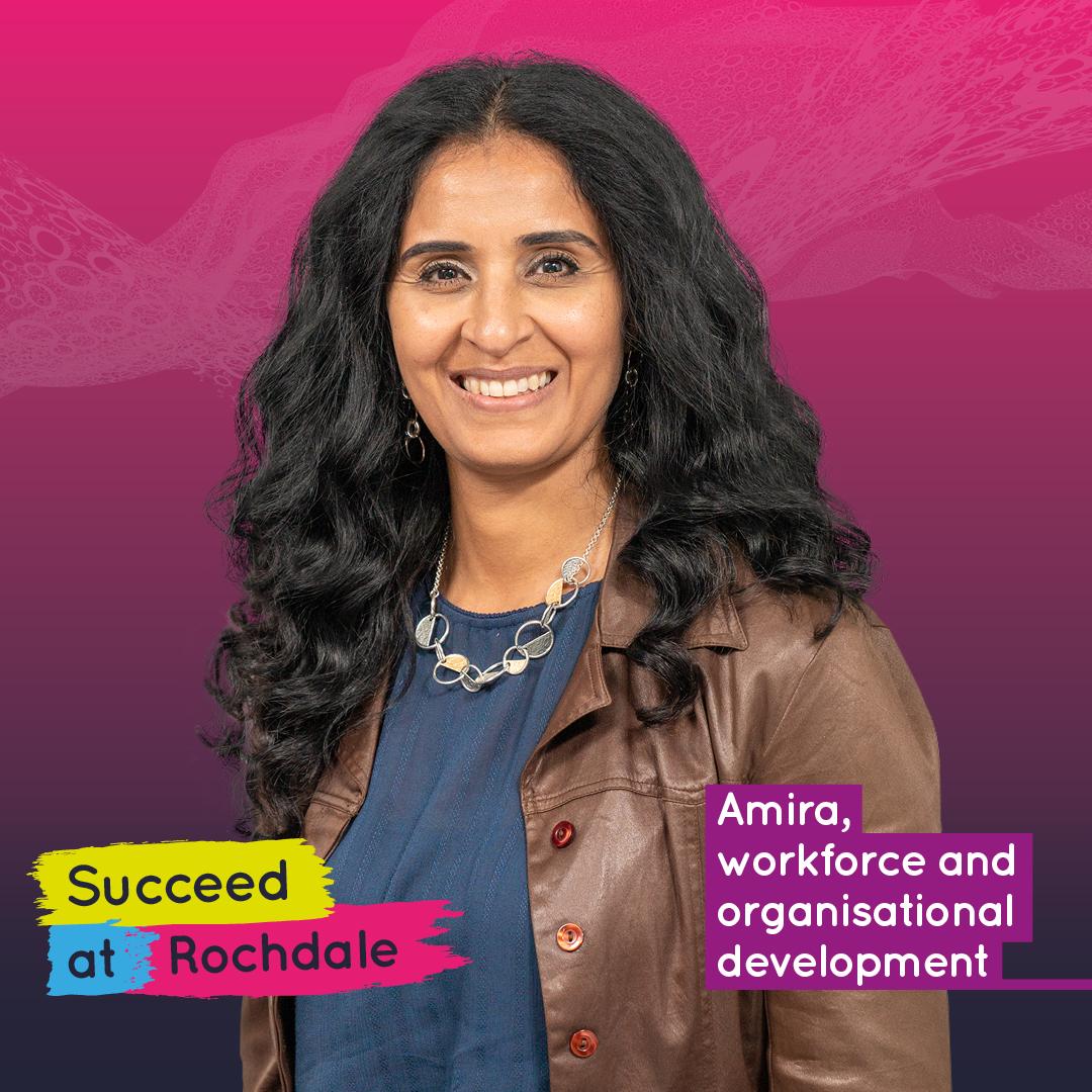 Woman with long dark hair, wearing a brown jacket, with text about workforce and organisational development.