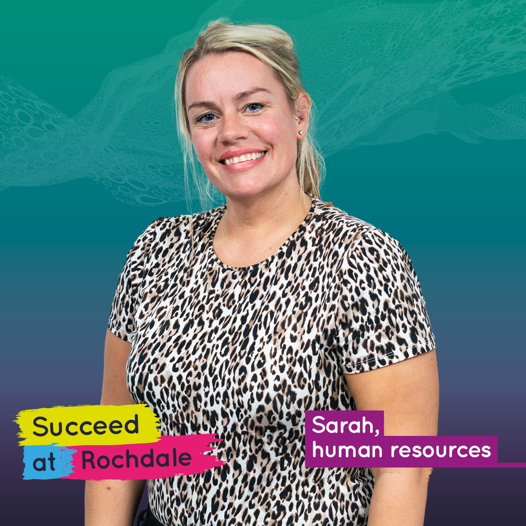 Woman smiling, wearing a leopard print shirt. Text says "Sarah, human resources"