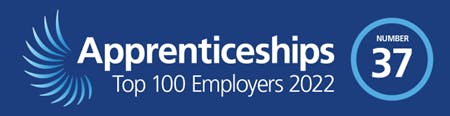 Apprenticeships Top 100 Employers 2022 logo. Ranked at number 37.