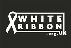 White ribbon logo on black background.