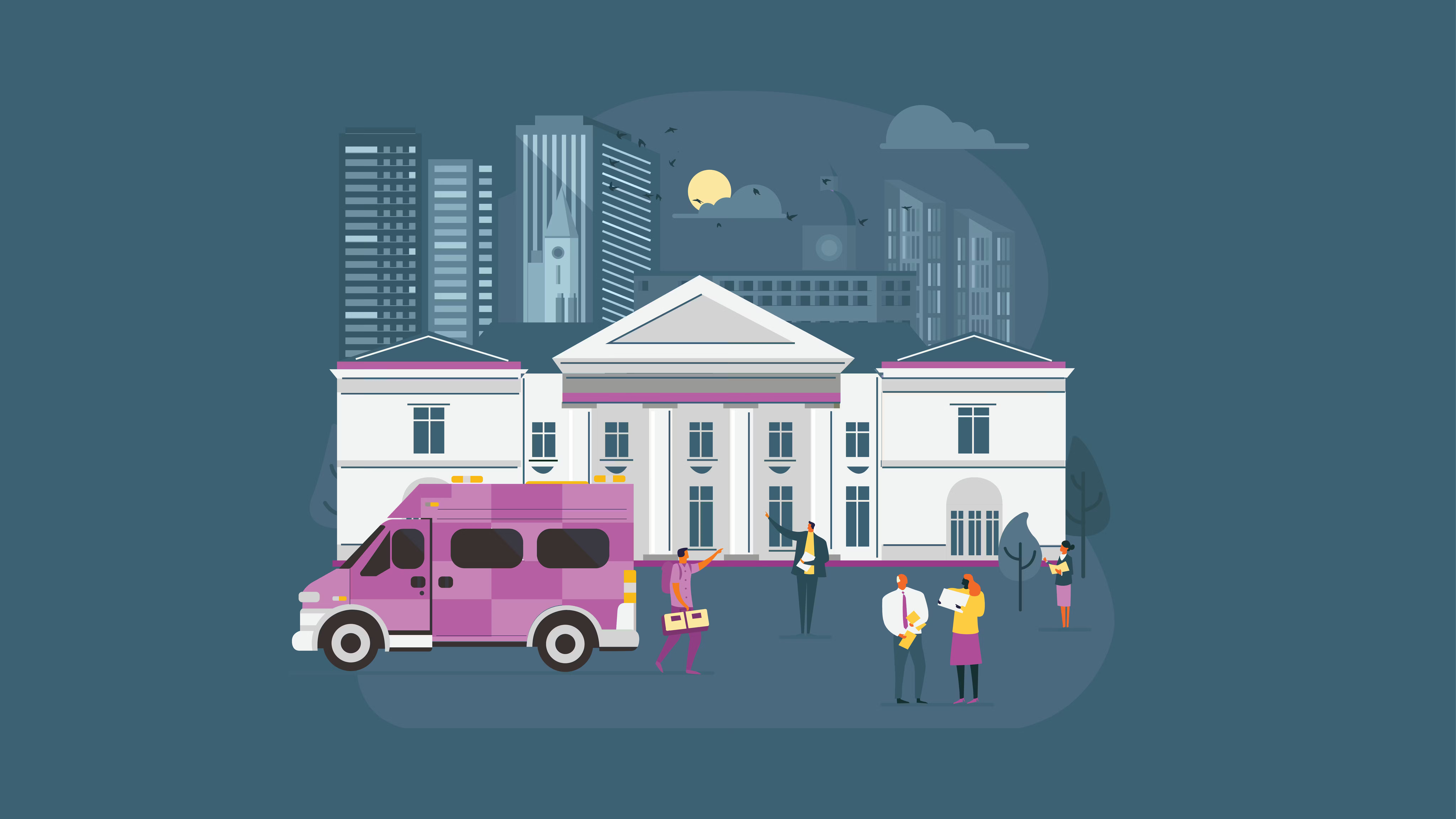 Illustration of a city with an ambulance and people.