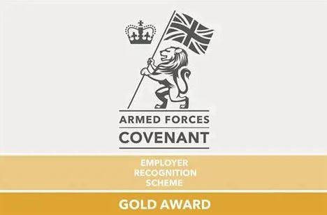 Gold Award for Employer Recognition Scheme, lion holding flag.