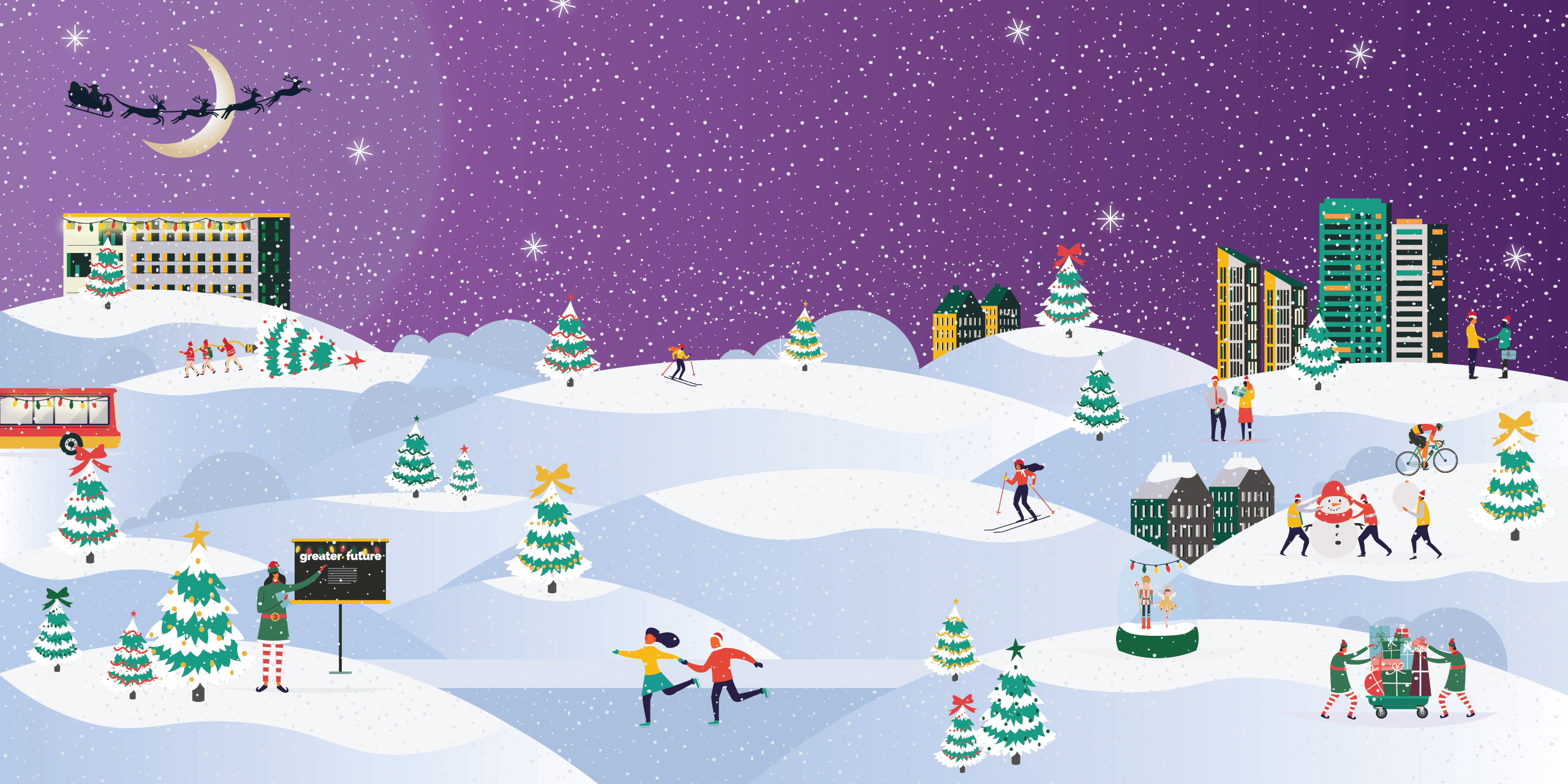 Winter scene with buildings, trees, and people; Santa and reindeer.