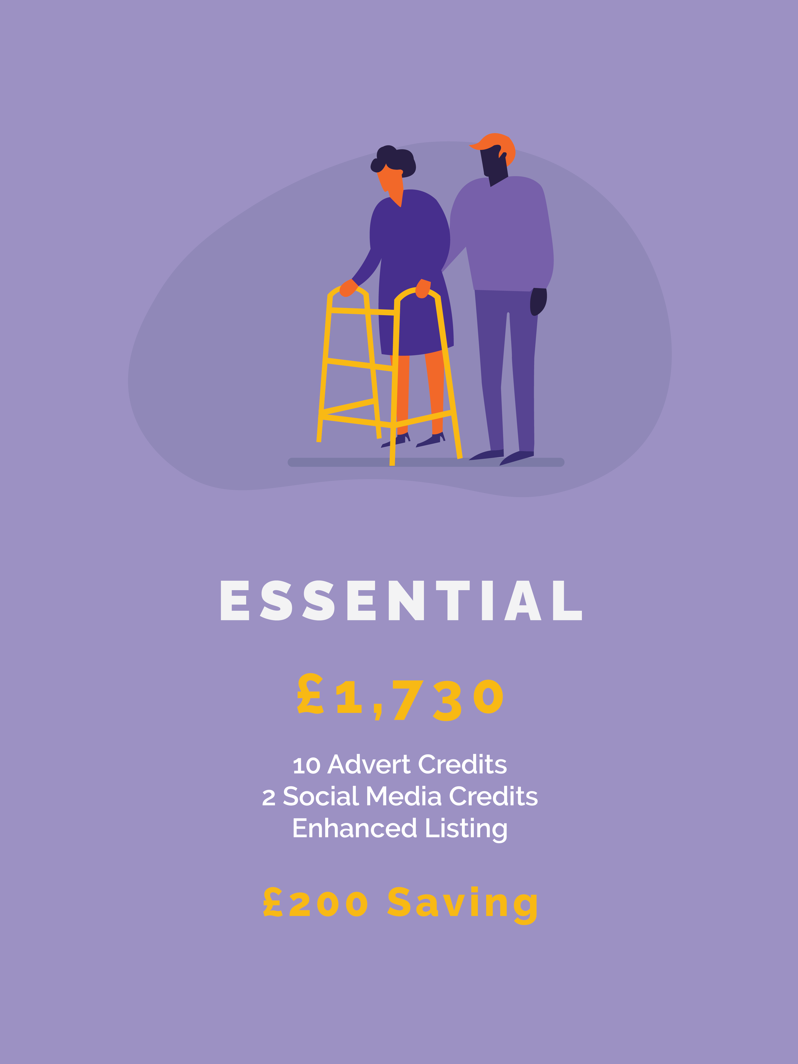 Essential package with 10 advert credits, 2 social media credits, enhanced listing, and £200 saving.
