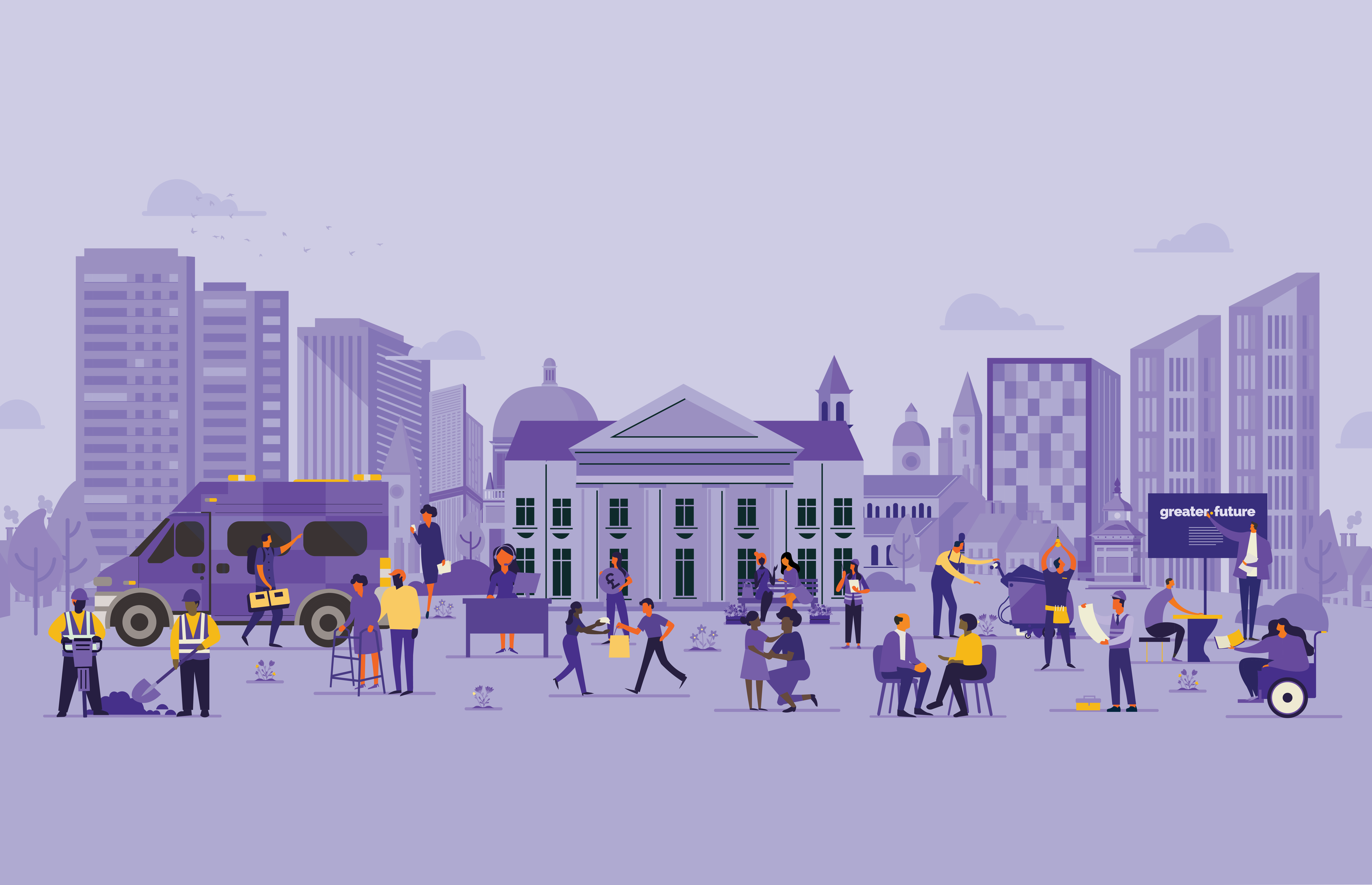 Illustration of diverse people interacting in a city with buildings, a van, and a sign that says "greater. future."