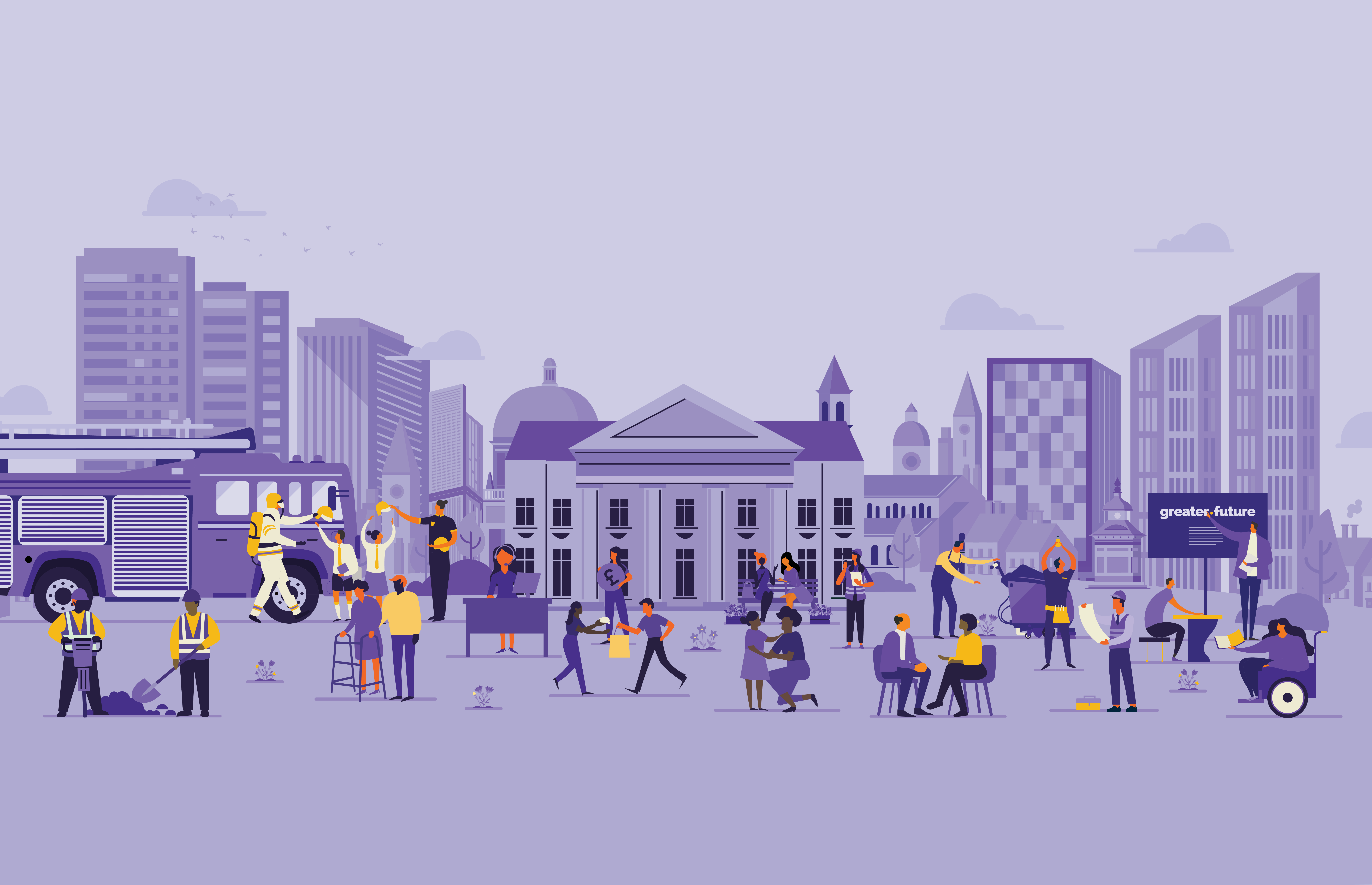 Illustration depicts a diverse group of people interacting in an urban setting, with buildings and a fire truck in the background, promoting a sense of community and future development.