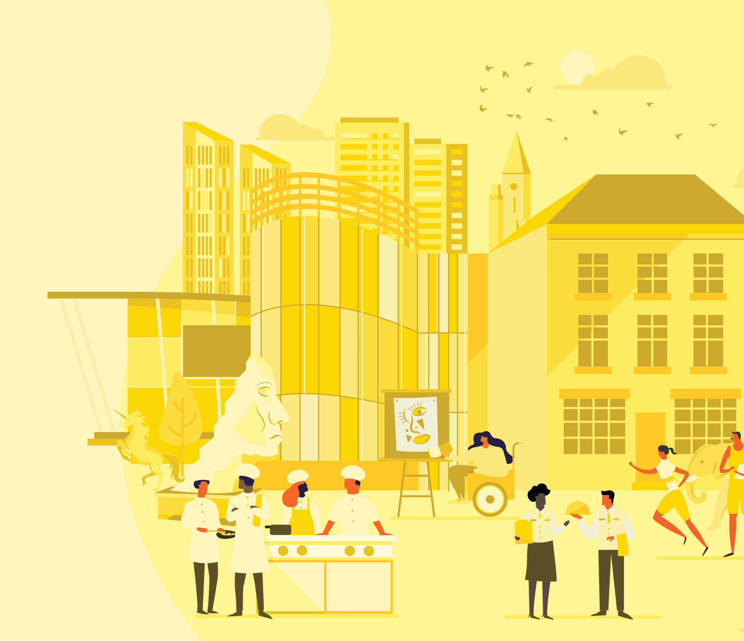 A yellow-toned illustration of a bustling city square with diverse people, chefs, and buildings.