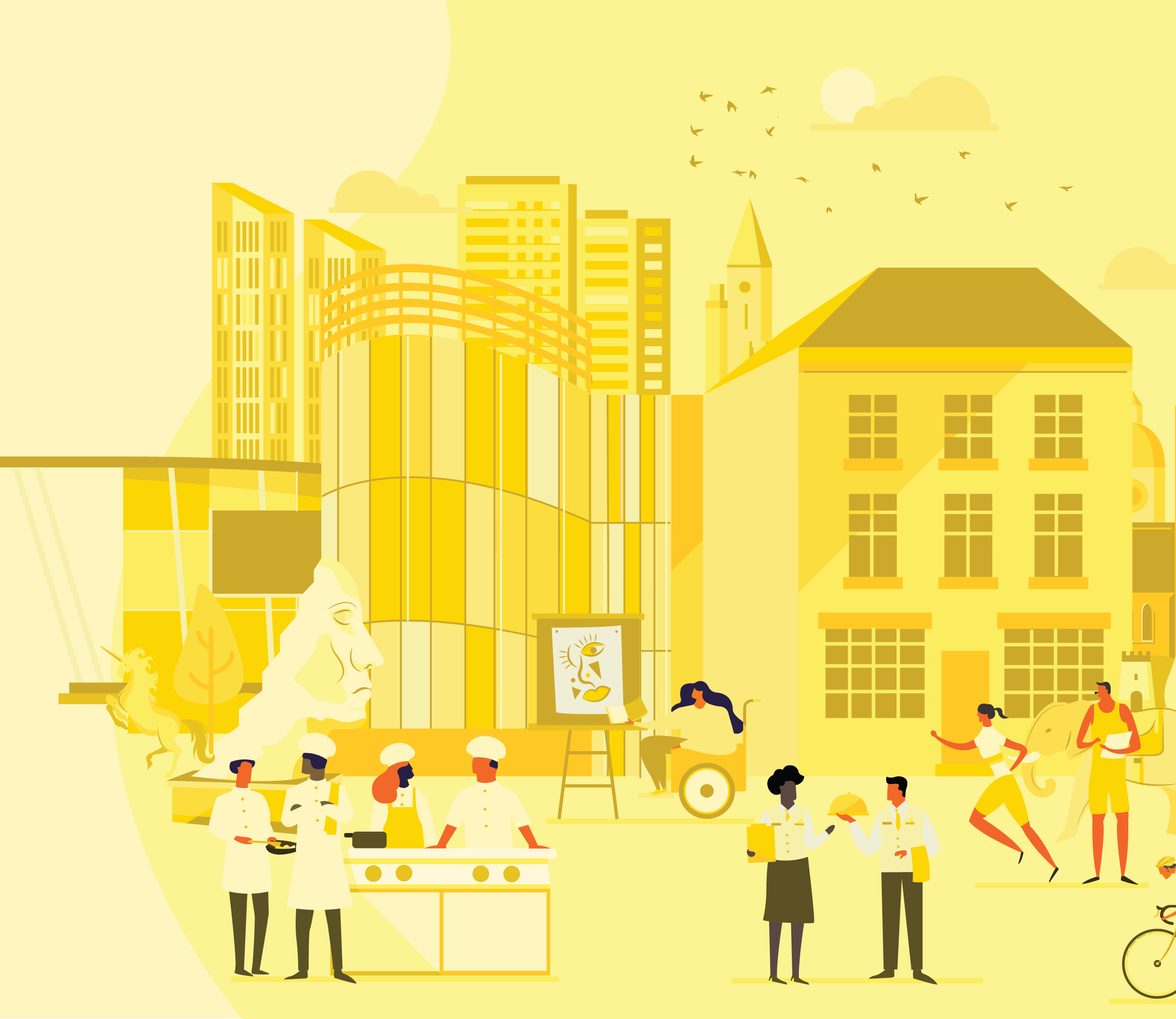 A yellow-toned illustration of a bustling city square with diverse people, chefs, and buildings.