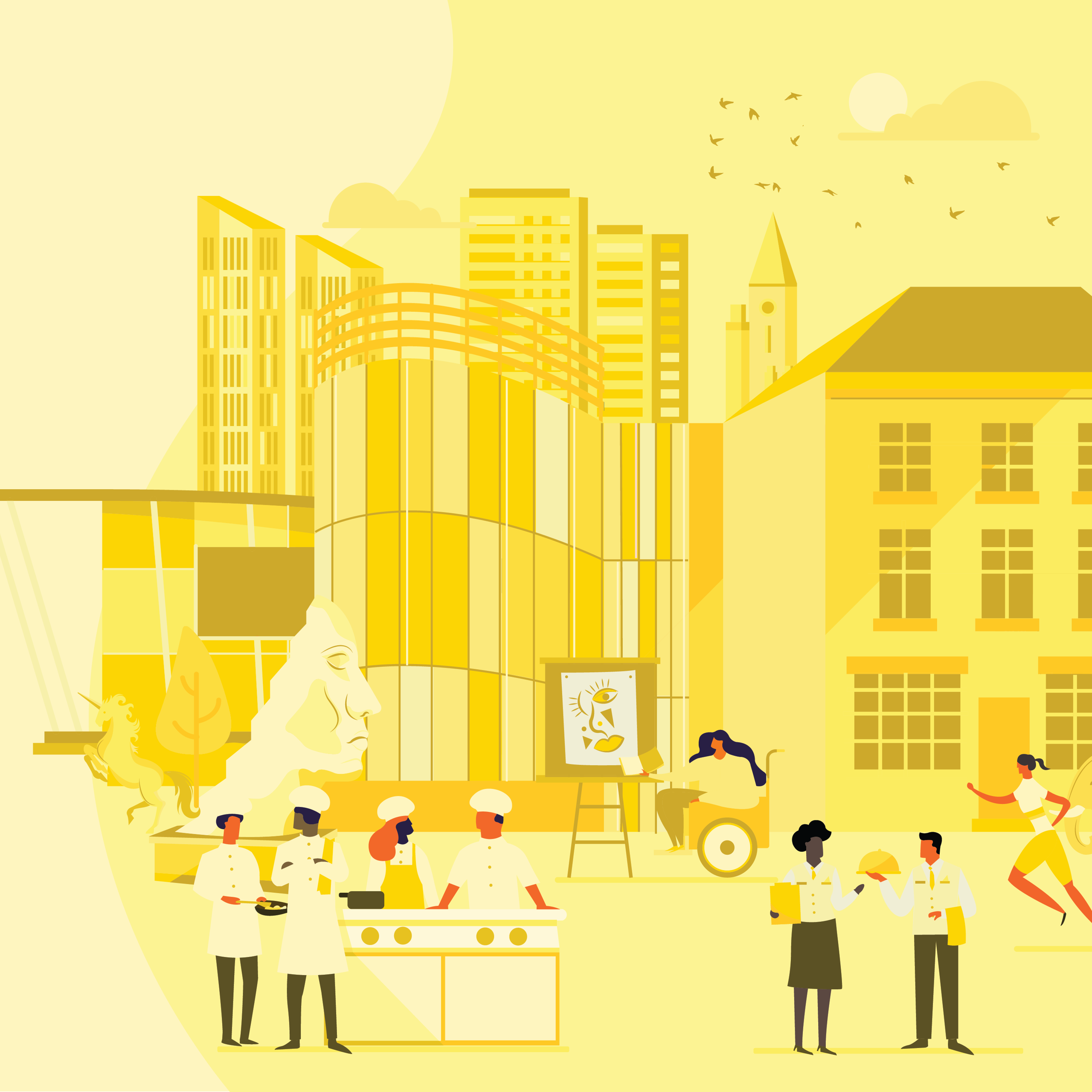 A yellow-toned illustration of a bustling city square with diverse people, chefs, and buildings.