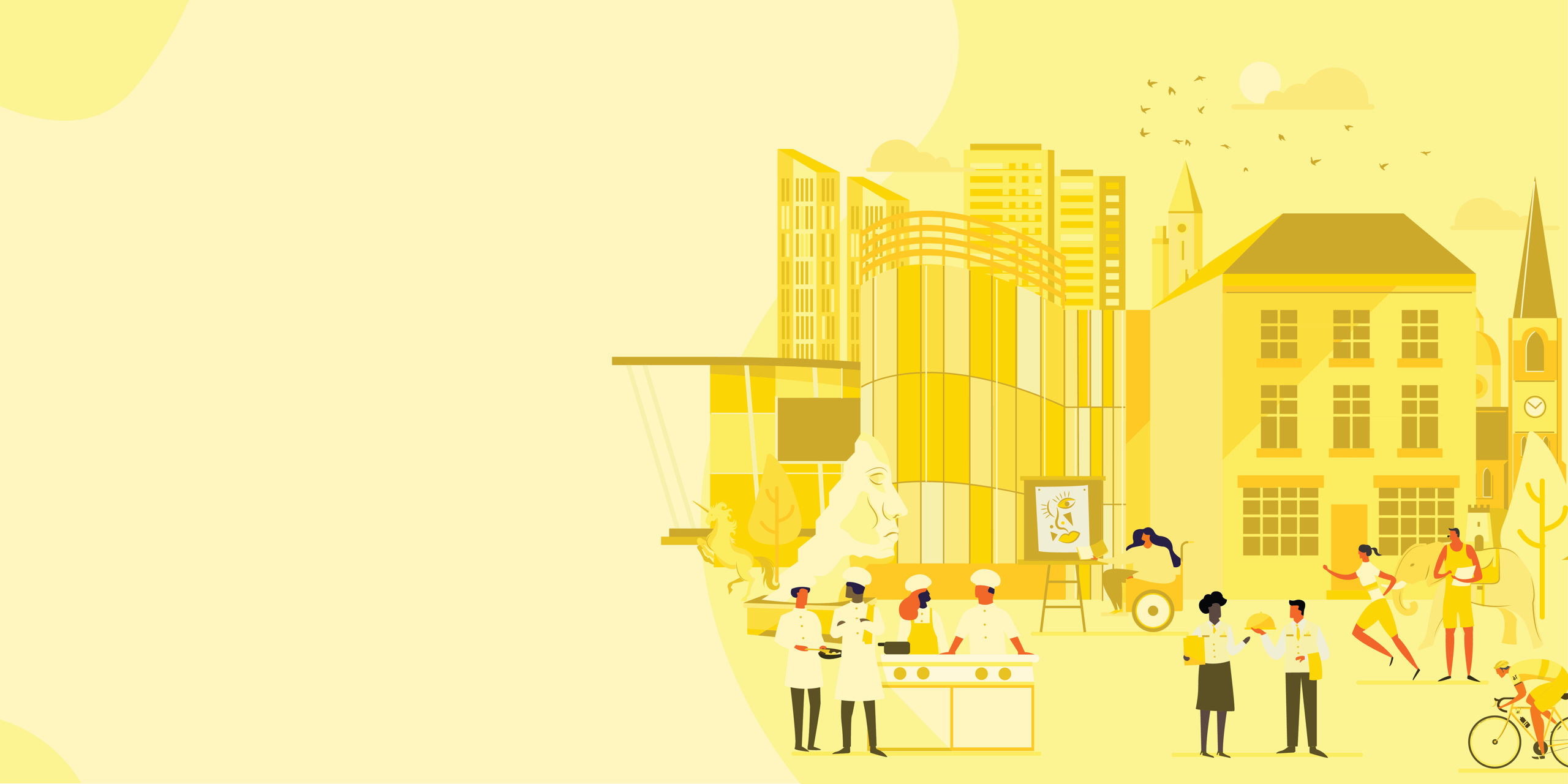 A yellow-toned illustration of a bustling city square with diverse people, chefs, and buildings.