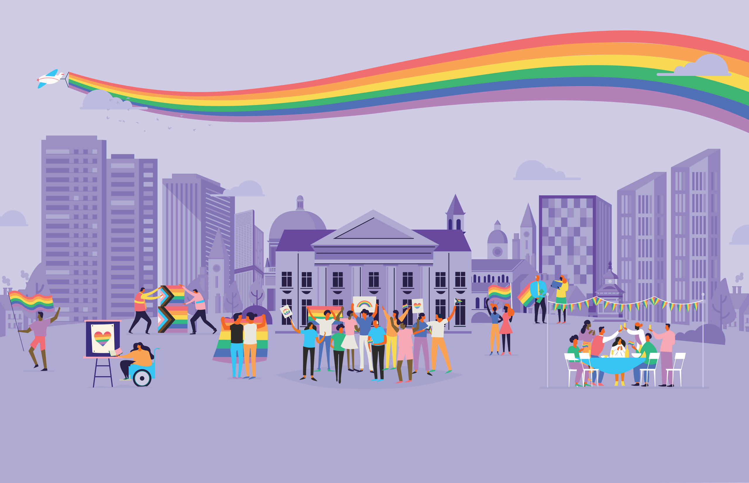 A diverse group of people celebrating Pride in a city square with rainbow flags, bunting, and a rainbow sky.