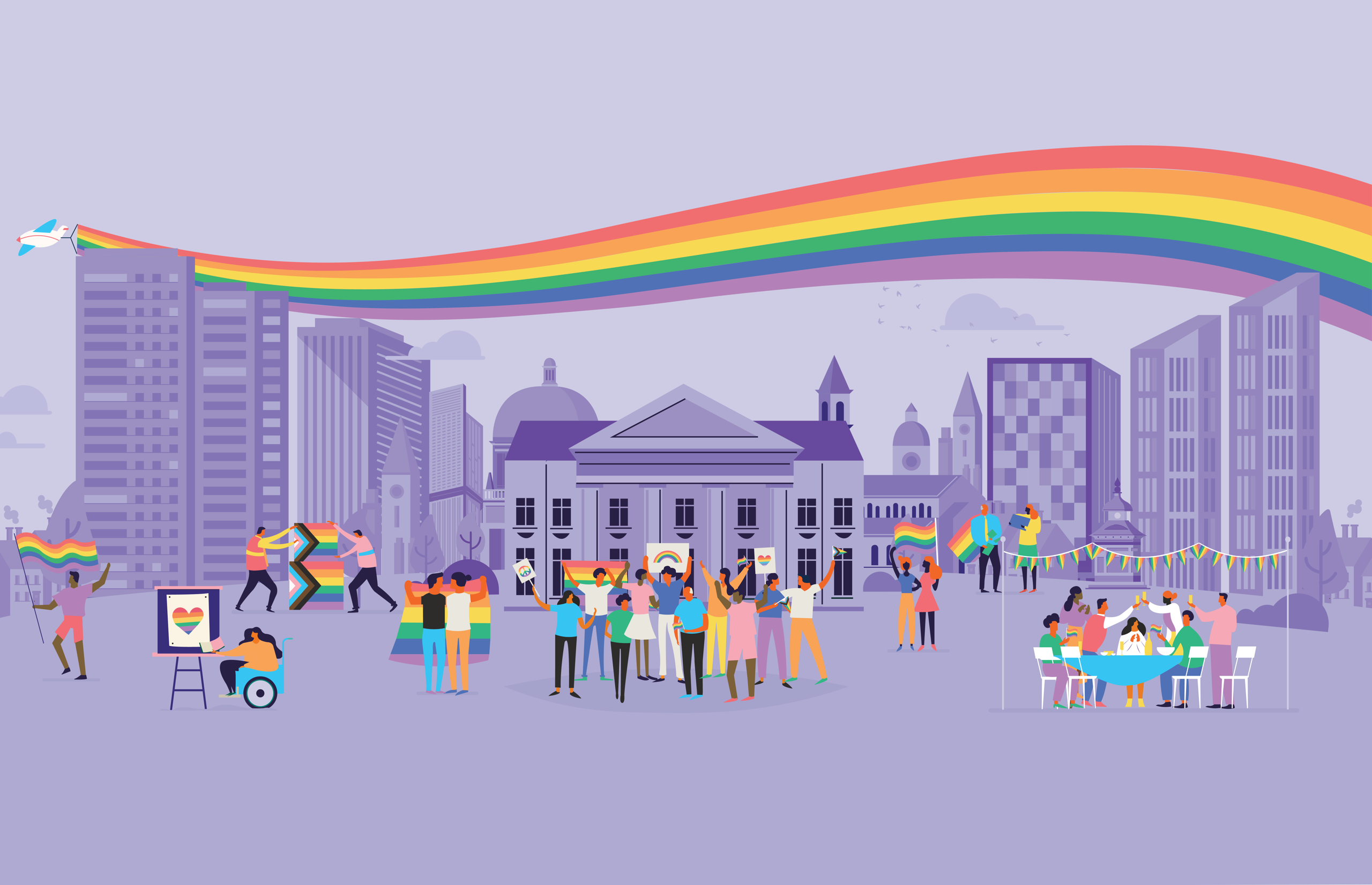 A diverse group of people celebrating Pride in a city plaza with flags, signs, and a rainbow trail.