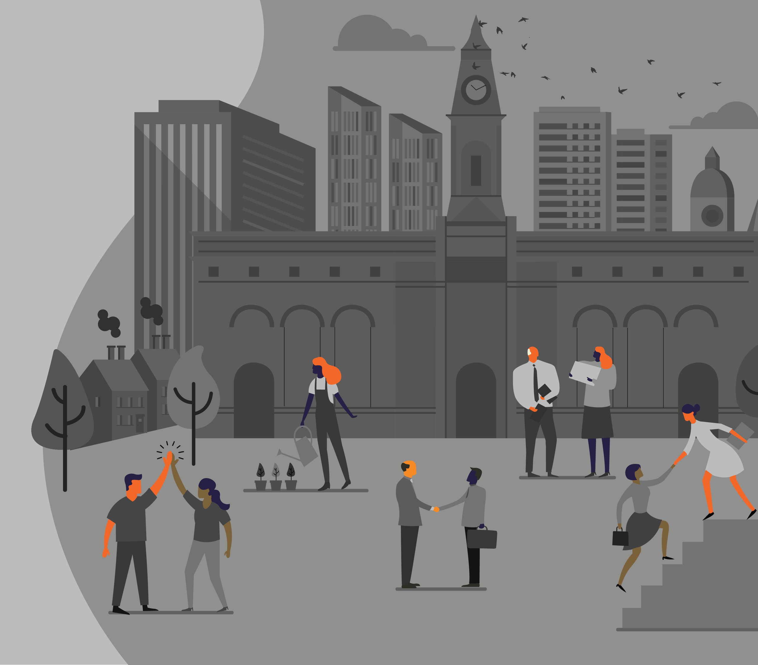 Diverse professionals working together in a city setting, with people high-fiving and shaking hands.