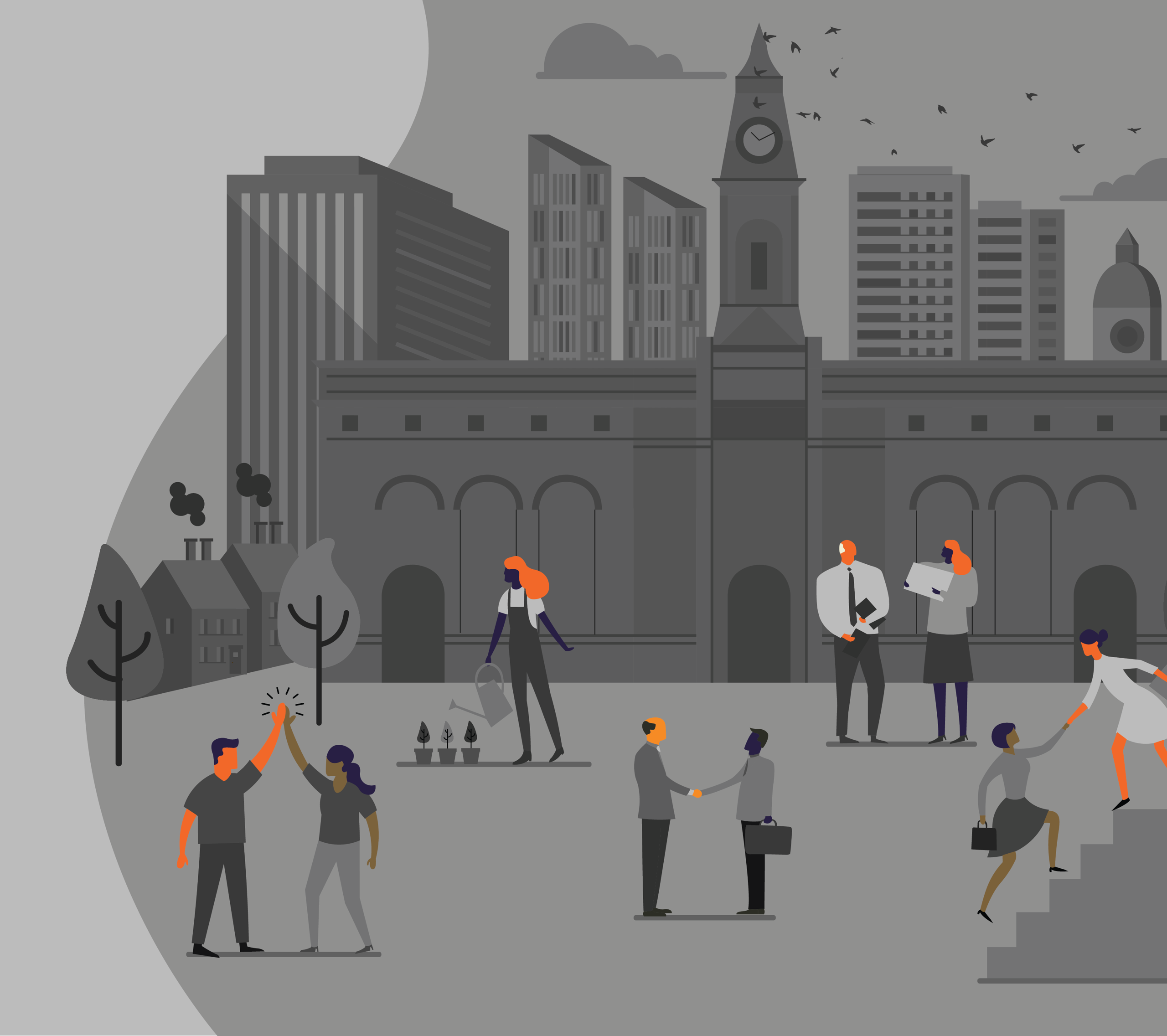 Diverse professionals working together in a city setting, with people high-fiving and shaking hands.