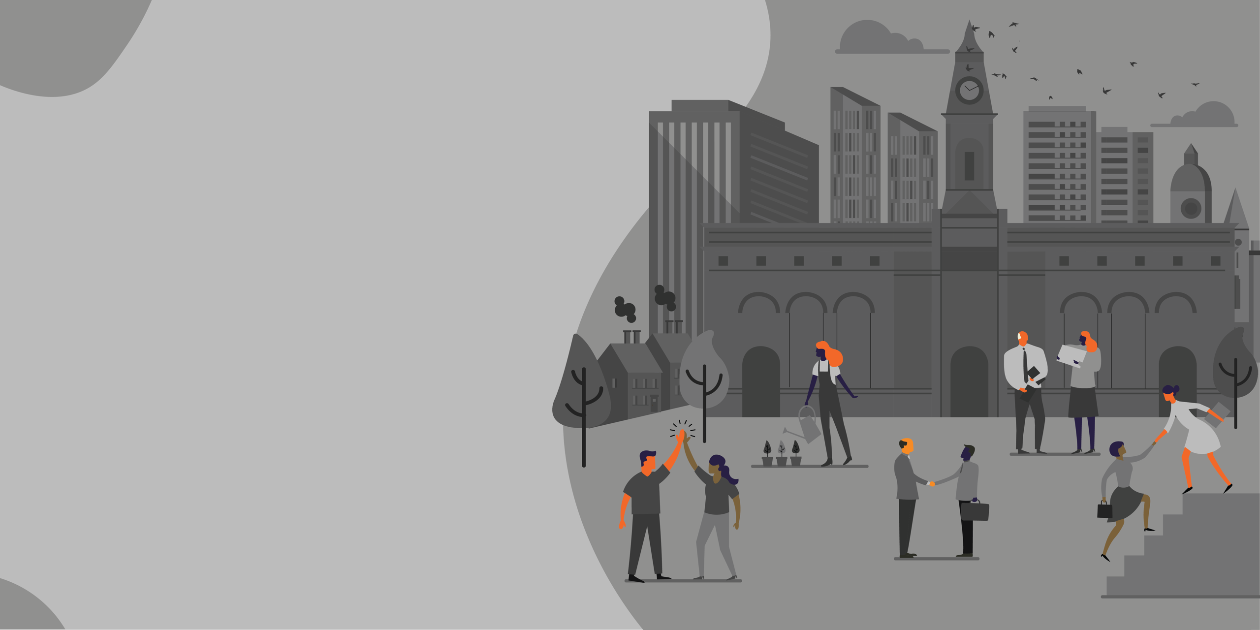 Diverse professionals working together in a city setting, with people high-fiving and shaking hands.