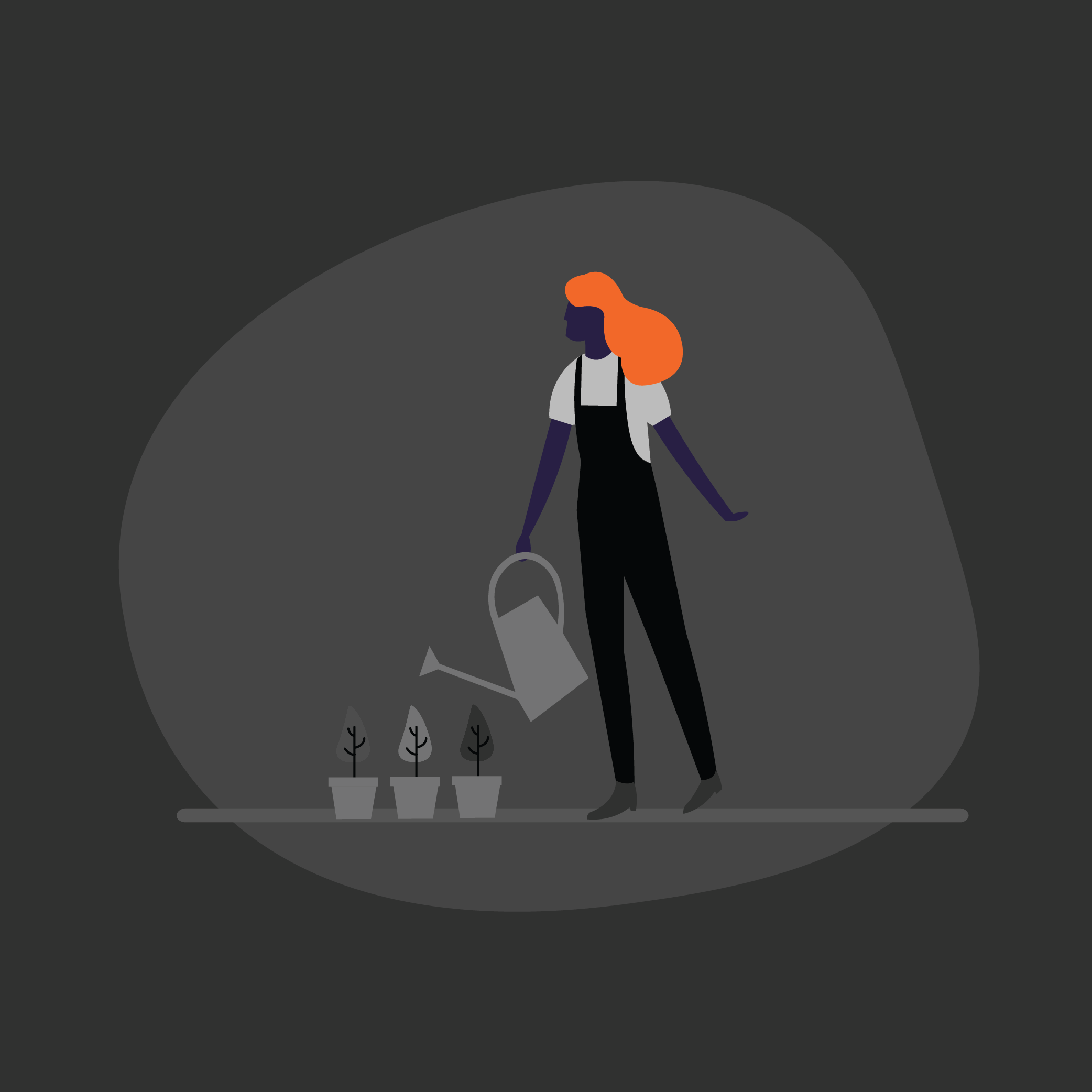 A stylized woman with orange hair wearing overalls watering three small potted plants.
