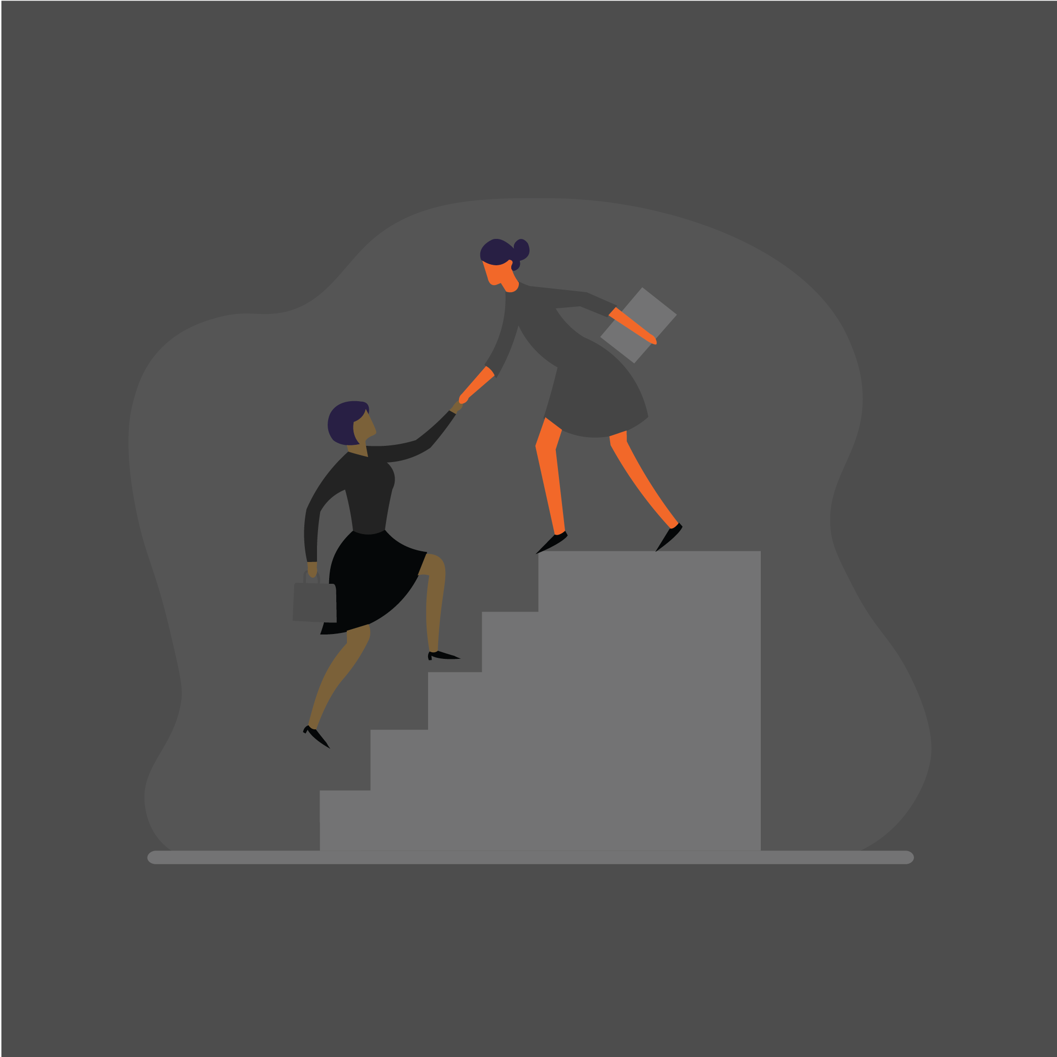 A woman in a professional suit pulling another woman up a set of concrete stairs.