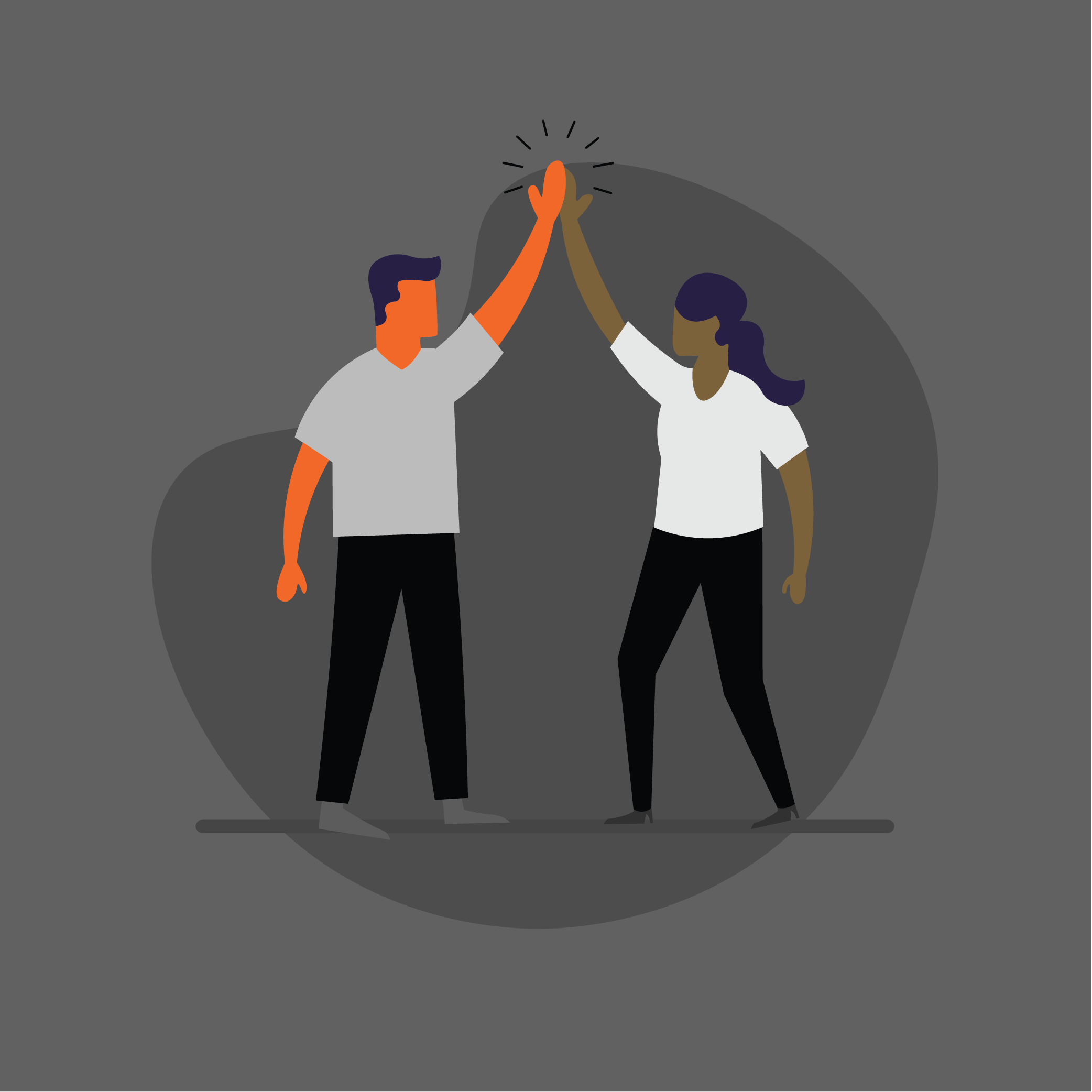 A man and a woman in white shirts and black pants giving each other a high five.