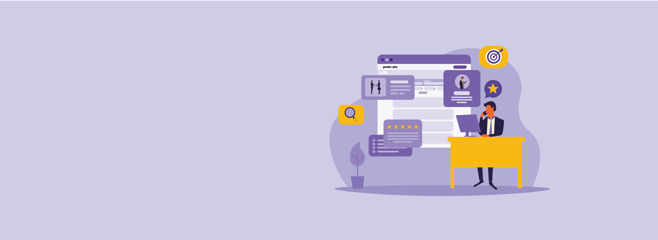 A professional working at a desk with digital overlays showing hiring, resume, and search icons.