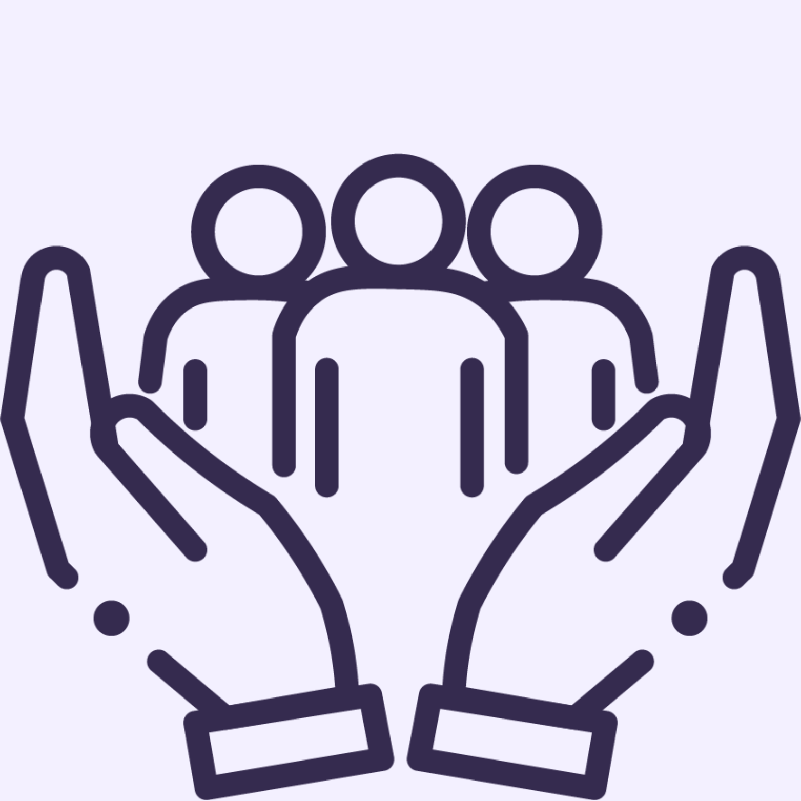 A line art icon depicting a pair of cupped hands protecting a group of three stylized human figures.